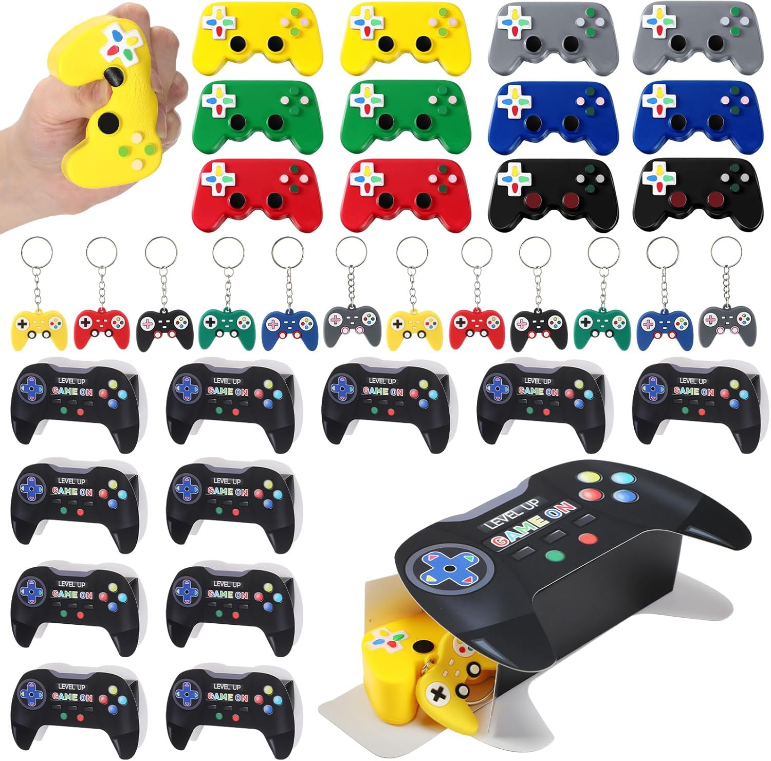 Soulchen 114 Pcs/36 Set Video Game Party Favors, Controller Shaped Stress Toys, Gamer Fidget Keychains with Gift Boxes, Ideal for Birthday Party Sensory Fidget Toys