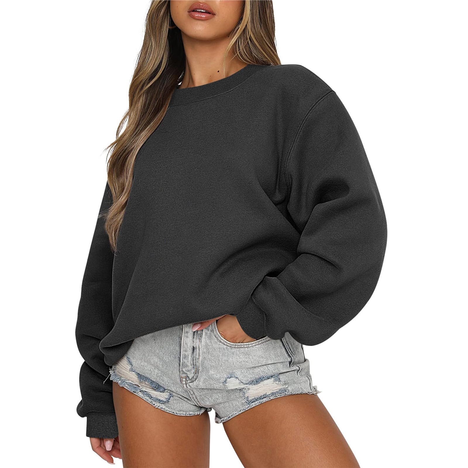 Wovilon Womens Fall Fashion 2023 Essentials Preppy Hoodies Y2k Clothes Oversized Plain Crewneck Sweatshirt