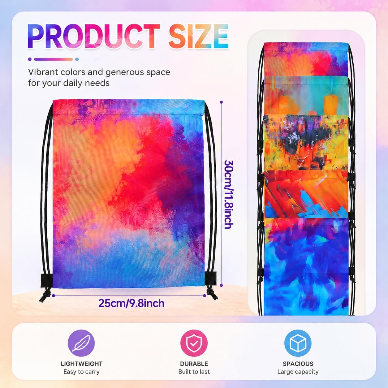 Jeffbaubl 15 PCS Tie Dye Drawstring Party Favor Bags, Colorful Party Goodie Bags, Small Drawstring Backpack, Tie Dye Birthday Gift Bag for Kids Birthday Supplies image 2