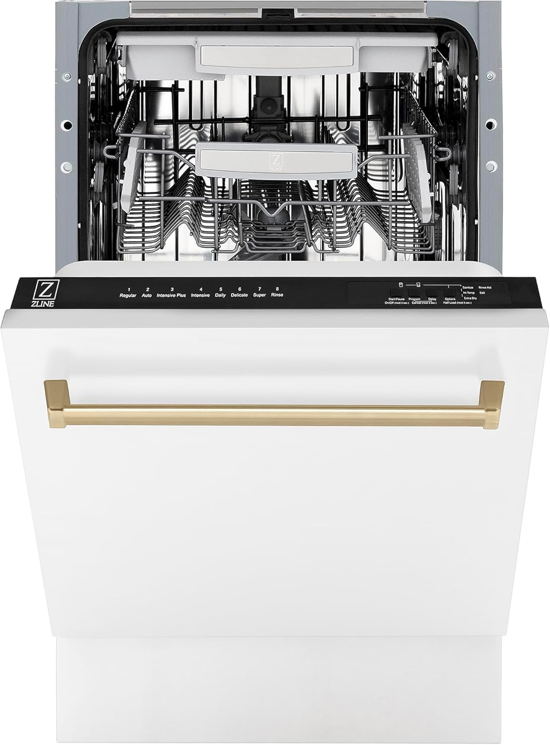 ZLINE Autograph Edition 18" Compact 3rd Rack Top Control Dishwasher in White Matte with Champagne Bronze Handle, 51dBa (DWVZ-WM-18-CB)