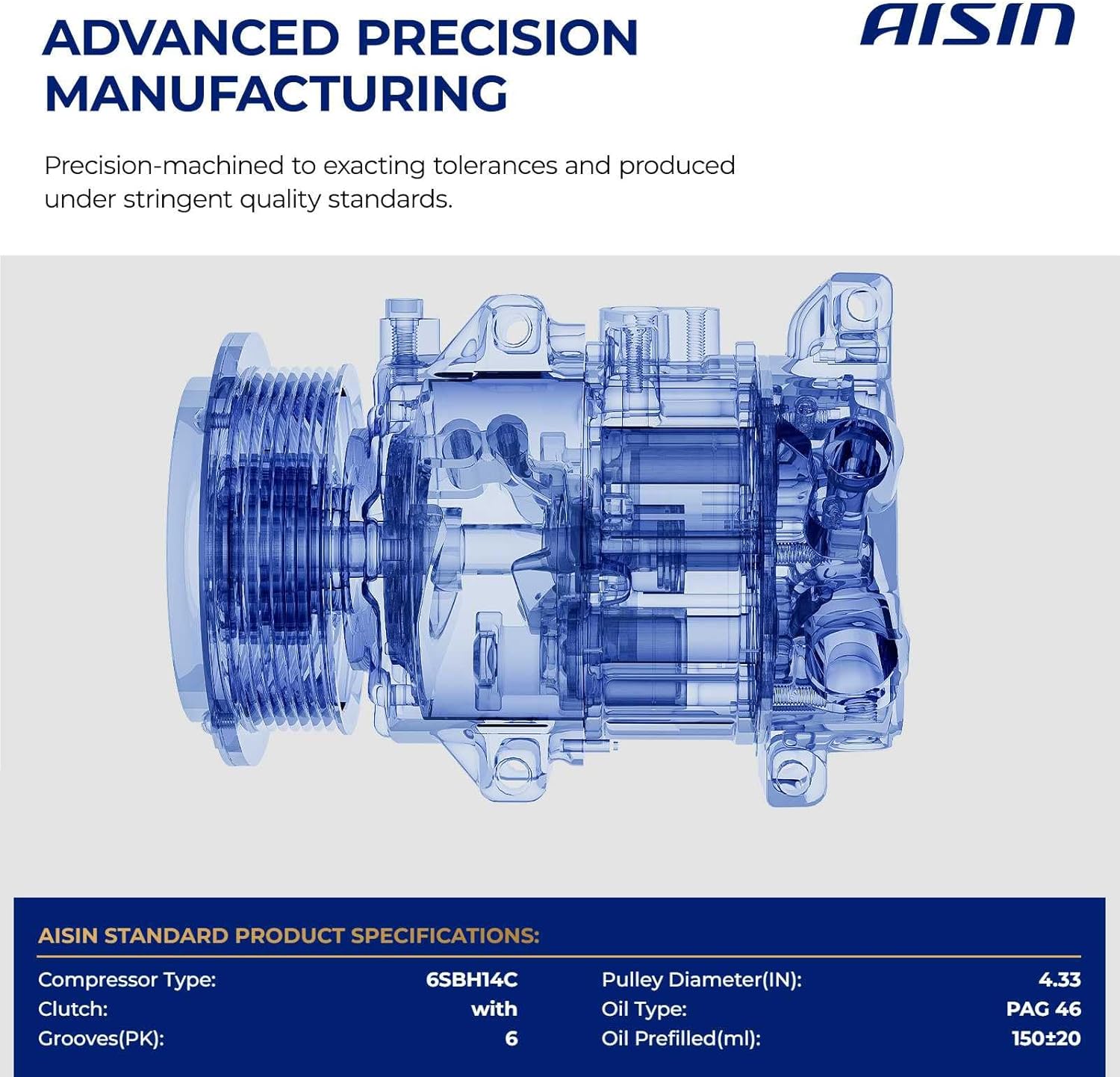AISIN AFTERMARKET ACCS-00854 Air Conditioner AC Compressor - Compatible with Suzuki Grand Vitara 2009-2013 2.4L, Kizashi 2010-2013 2.4L - with 6-Pulley Groove, with Clutch