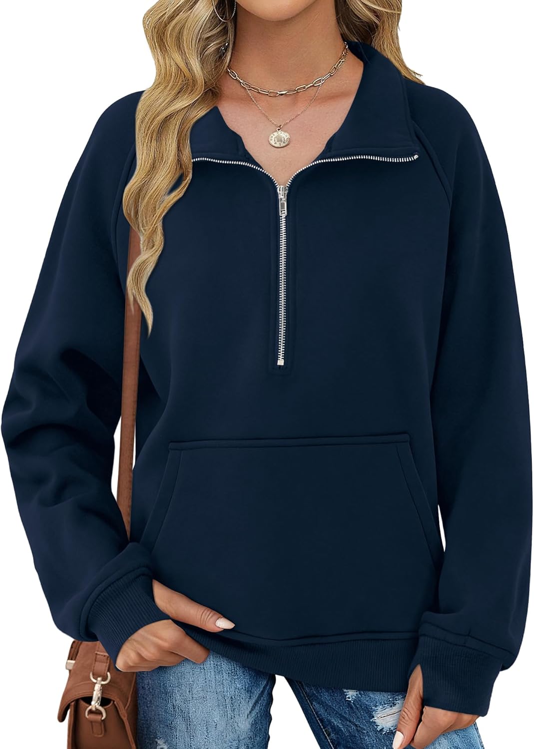 Elesomo Womens Quarter Zip Pullover Sweatshirts Casual Long Sleeve Fleece Hoodies Tops with Thumb Holes