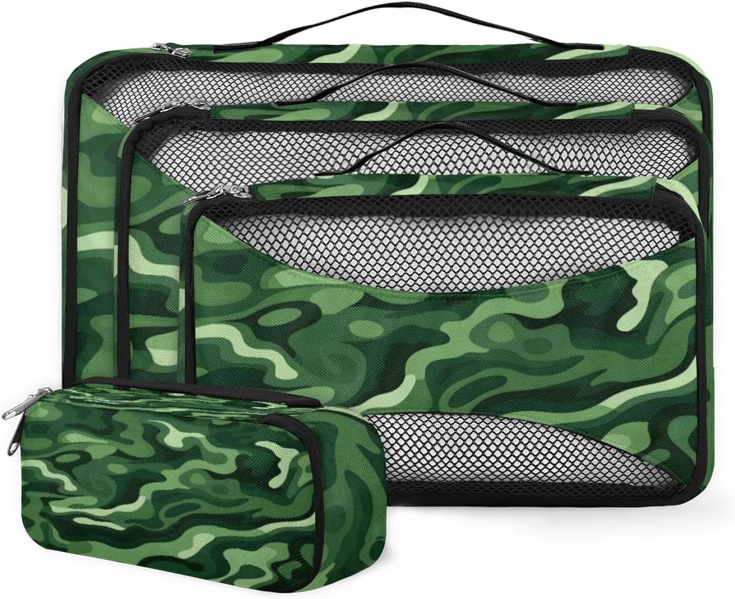 Fashion Camouflage Green 4 Pcs set of Packing Cubes for Suitcases, Packing Cubes for Travel Accessories Luggage Carry On Suitcase Organizer Bags, 4 Various Sizes Abstract Camo