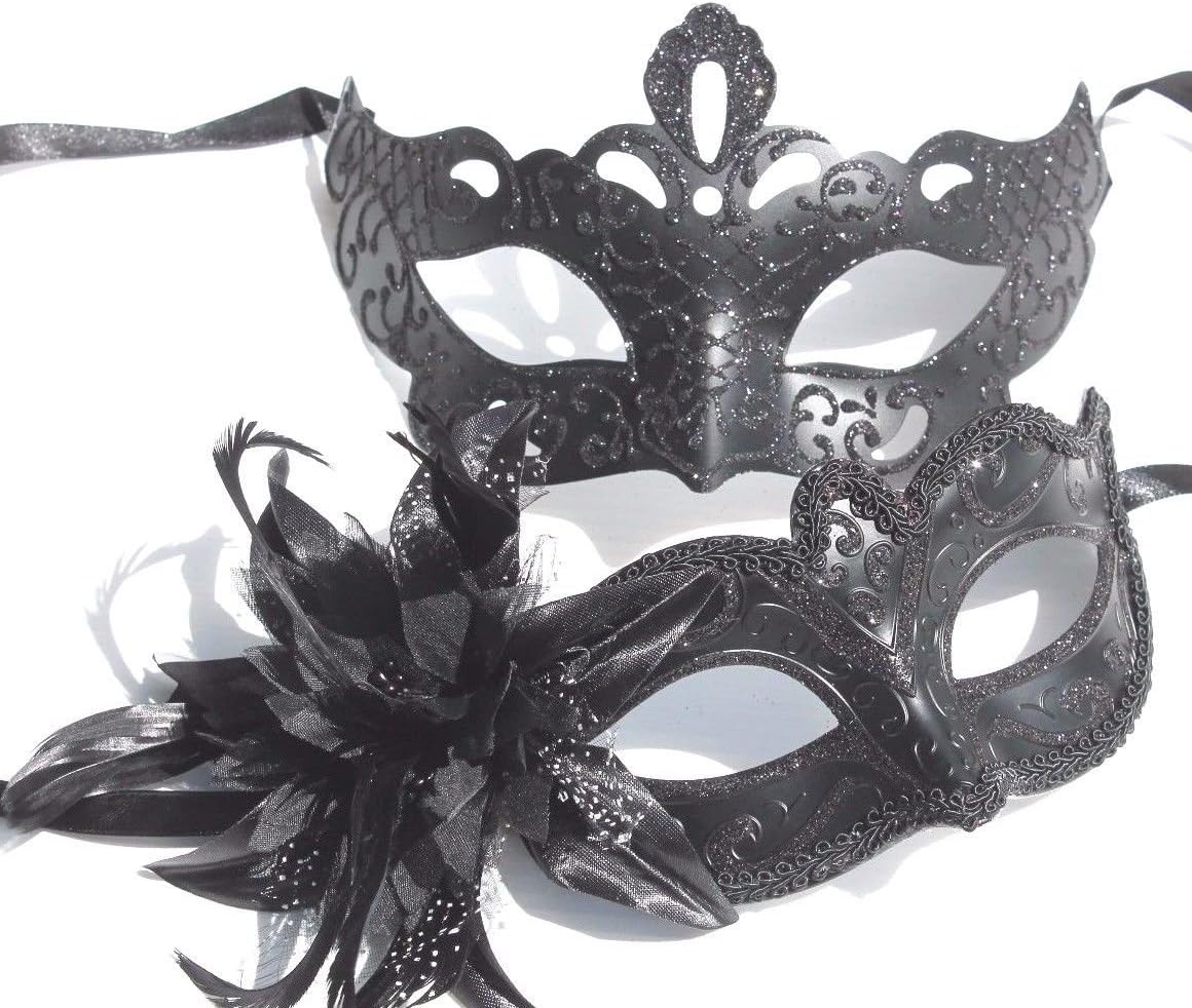 THE GOOD LIFE HIS N HERS PAIR OF COUPLES MASKS VENETIAN MASQUERADE CARNIVAL PARTY BALL EYE MASK, Black, 8 and 10cm Deep - Image 3