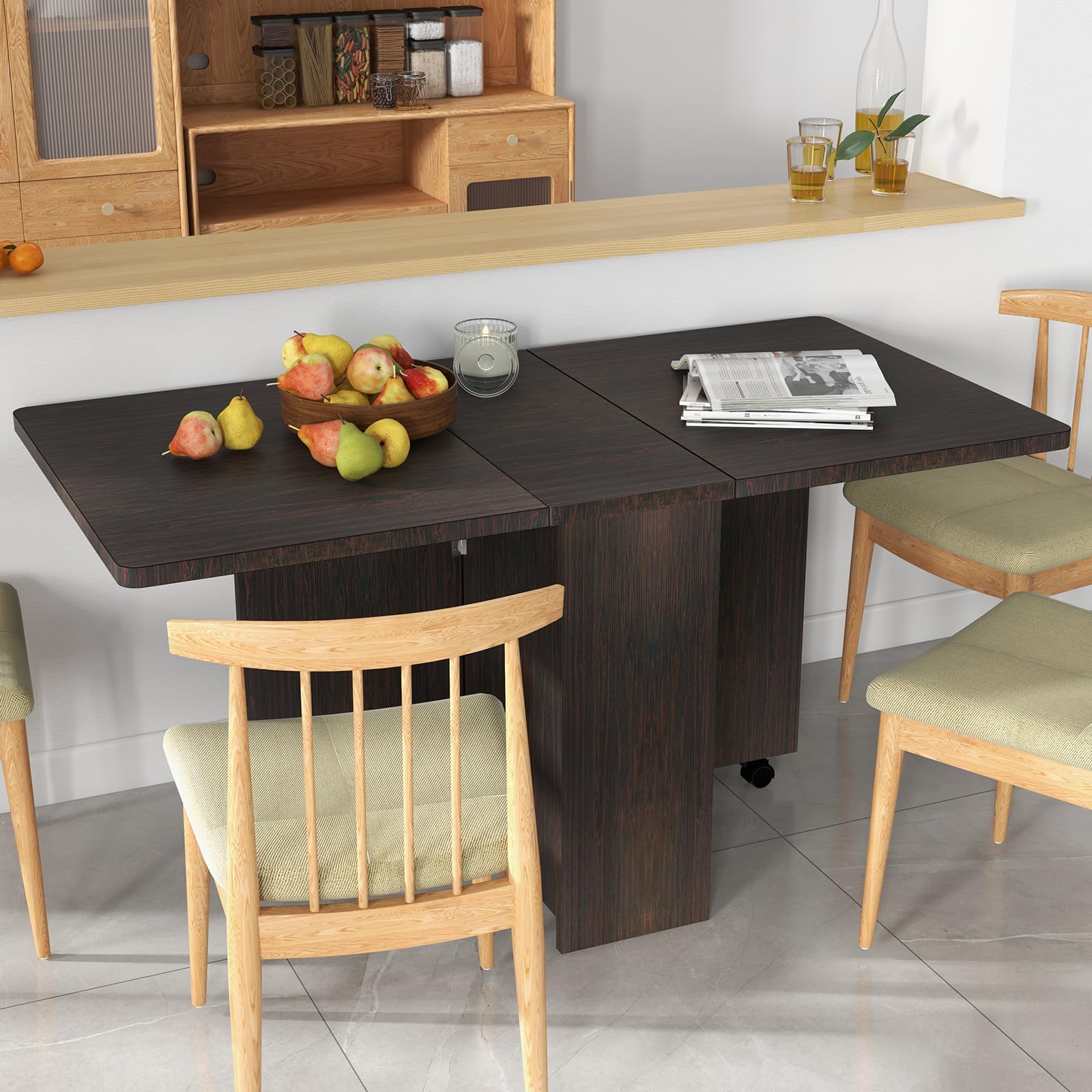 Mesa de Comedor Plegable Multifuncional, Mesa Auxiliar con Ruedas y Almacenamiento, Ahorra Espacio, para Cocina y Comedor, Color Nogal Oscuro, 120x60x75cm