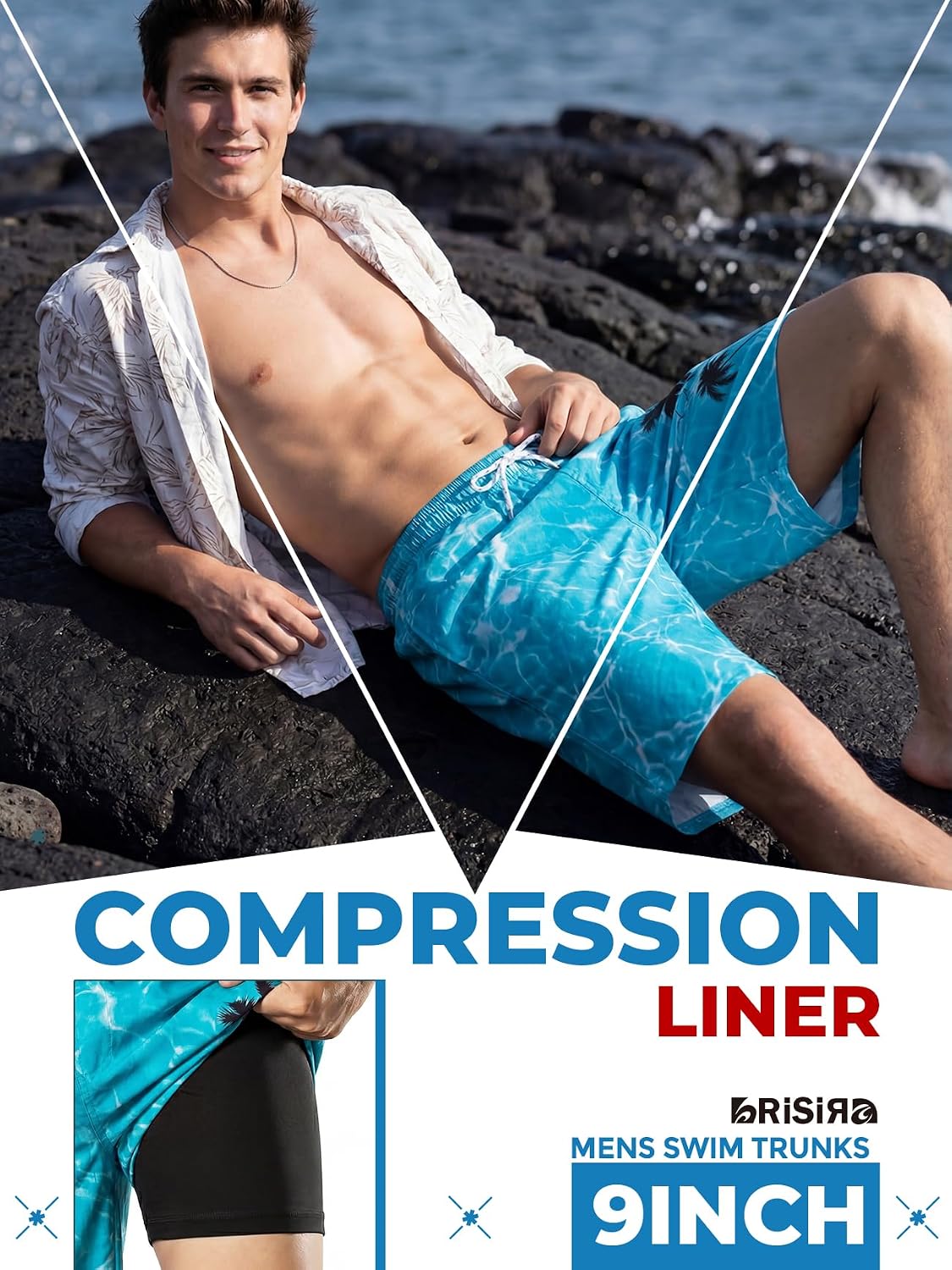 BRISIRA Mens Swim Trunks 9 Inch Inseam Compression Liner Bathing Suit Long Board Shorts Beach Swimsuit Anti Chafe Quick Dry