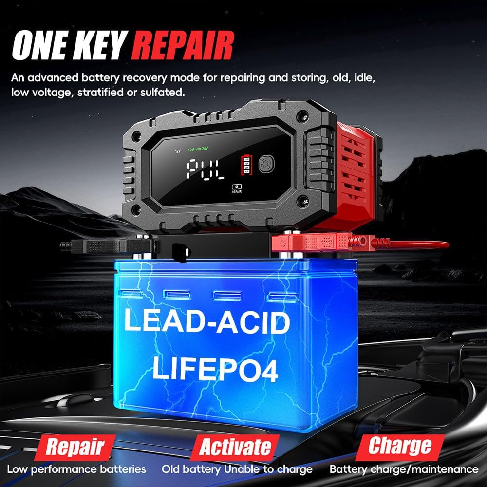 Car Battery Charger 20Amp, 12V 24V LiFePO4 Lead Acid Automatic Smart Battery Maintainer,Trickle Charger Automotive & Desulfator, Repair & Winter Mode w/Protections For AGM STD Gel Deep Cycle Batteries