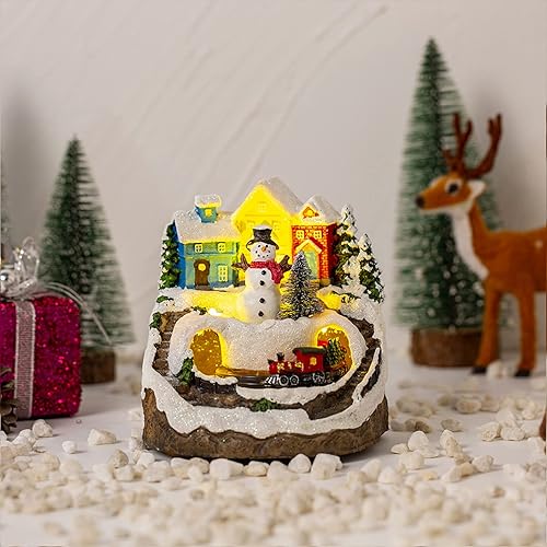 Casas de pueblo de Navidad, aldea musical de Navidad con luz LED de tren giratorio, decoración de edificios coleccionables de Navidad para