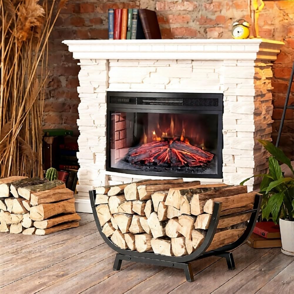 Leñero Metálico en Forma de U para Interior y Exterior, Estante de para almacenamiento Robusto de para acero Inoxidable Negro, para soporte Estable para Leña con Base Trapezoidal 77.5x33.5x43cm