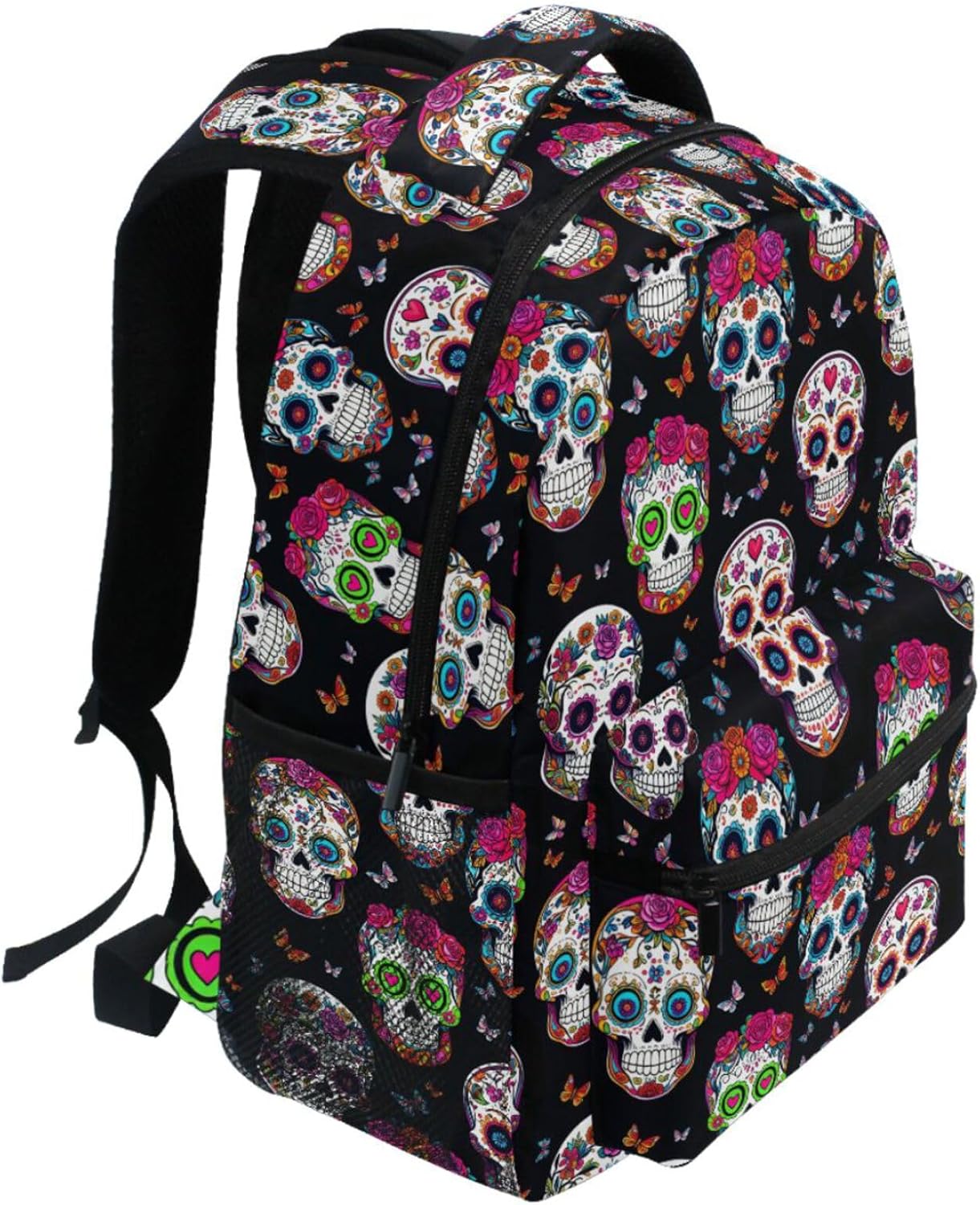Pfrewn Sugar Skulls Backpacks for Girls Boys Hipper Skull Floral Leavs School Backpack Bookbags for Kids Students 16"