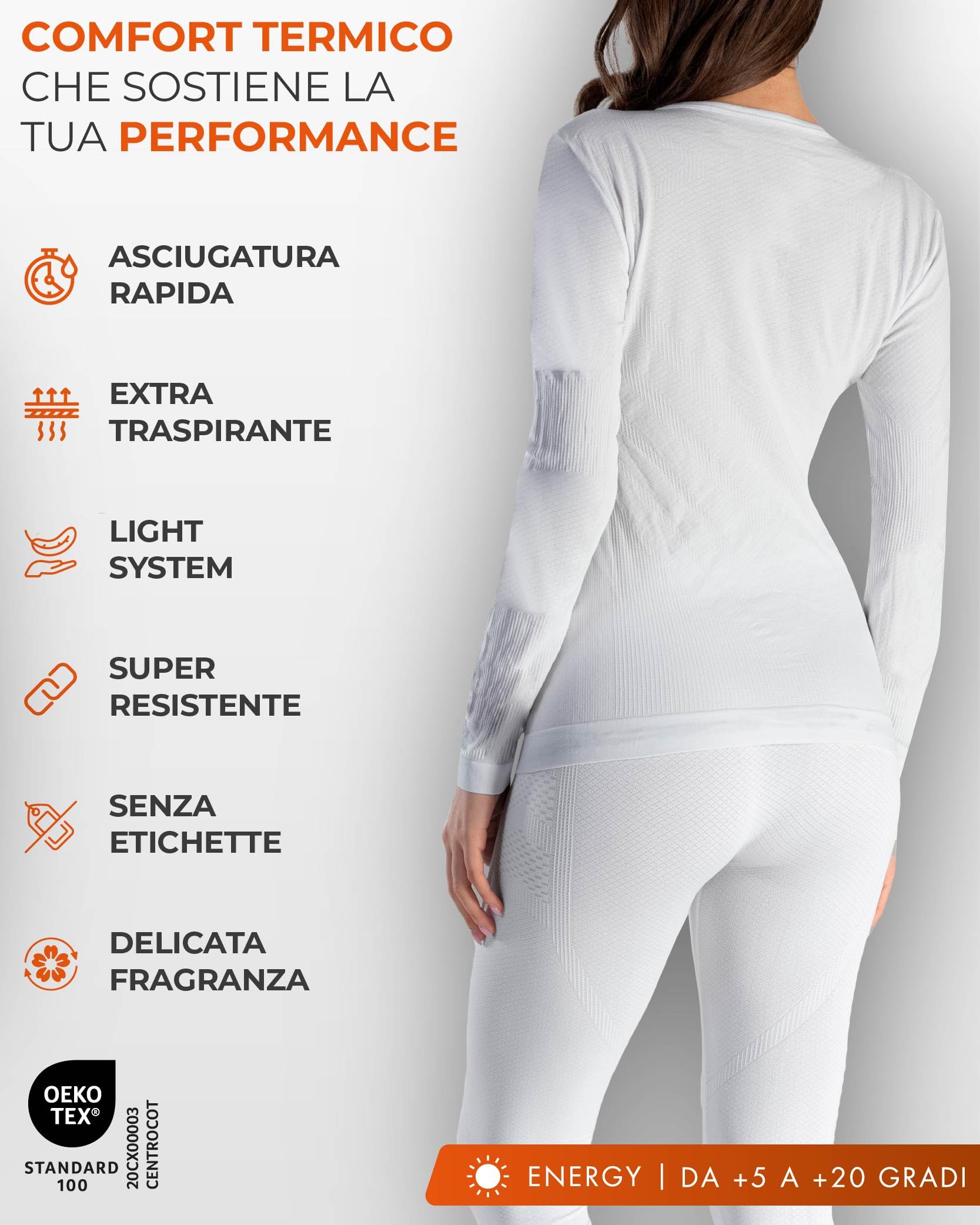 Risalti Maglia Termica Donna Manica Lunga Energy - Intimo Termico Traspirante a Compressione, Senza Cuciture ed Etichette per Sci, Trekking, Running, Ciclismo - Made in Italy