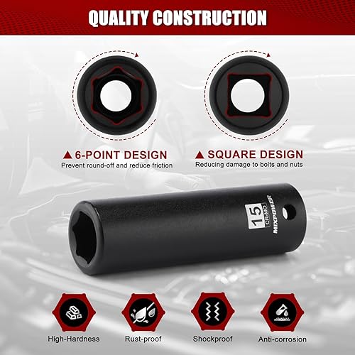 Miniatura 60 de MIXPOWER Enchufe de impacto profundo de 1/2", CR-MO, 1.417 in, métrico, 6 puntos, tuerca de eje de grado de impacto para una fácil extracción