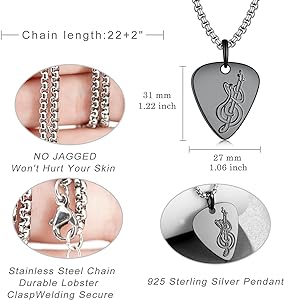 Sbzxbt Guitar Pick Necklace for Men Women 925 Sterling Silver