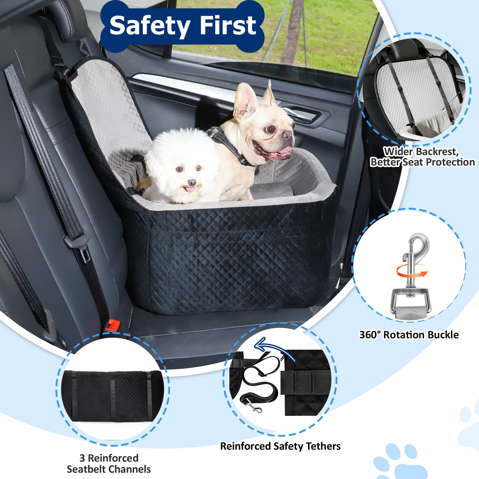 Asiento de coche para perros grandes de hasta 60 libras o 2 perros pequeños con espuma viscoelástica de 4 pulgadas, asiento trasero mediano para mascotas con cinturones de seguridad triples, correas