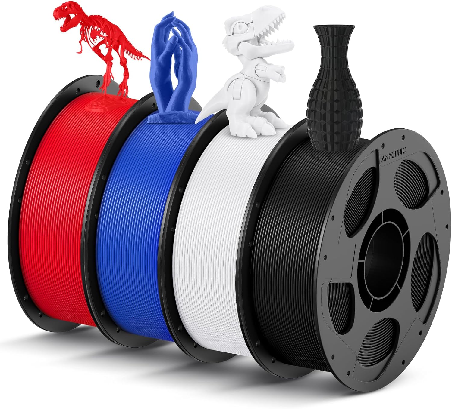 ANYCUBIC PLA Filament 1.75mm Bundle, 3D Printing PLA Filament 1.75mm Dimensional Accuracy +/- 0.02mm, 1KG Reusable Spool (2.2 lbs), 4KG Black + White + Blue + Red