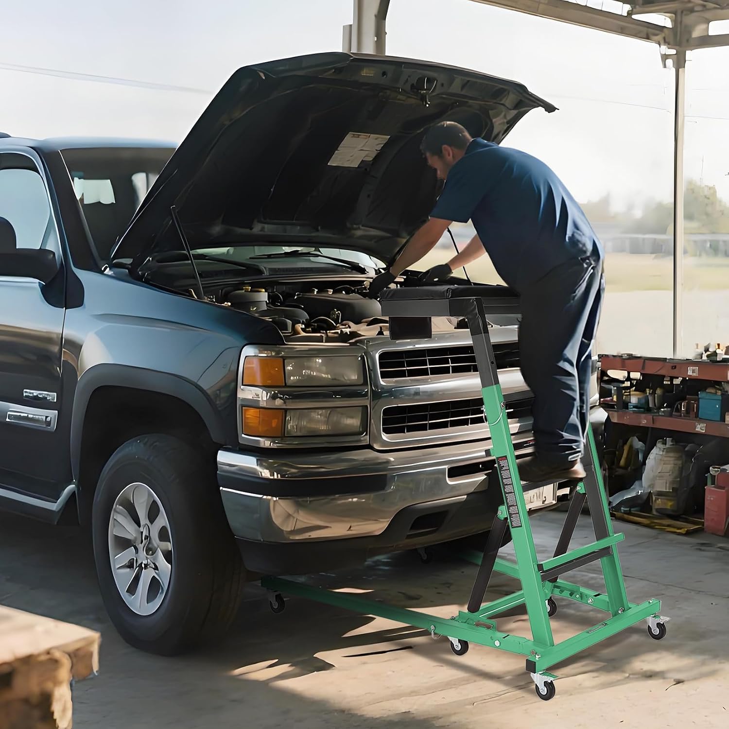 400LBS Automotive Top Side Creeper-Rolling Engine Creeper with Tray, Foldable Topside Truck Creepers for Garage and Workshop Auto Repair, 9-Level Adjustable 42.5"-64.8",2-Inch Cushion & Tool Bag