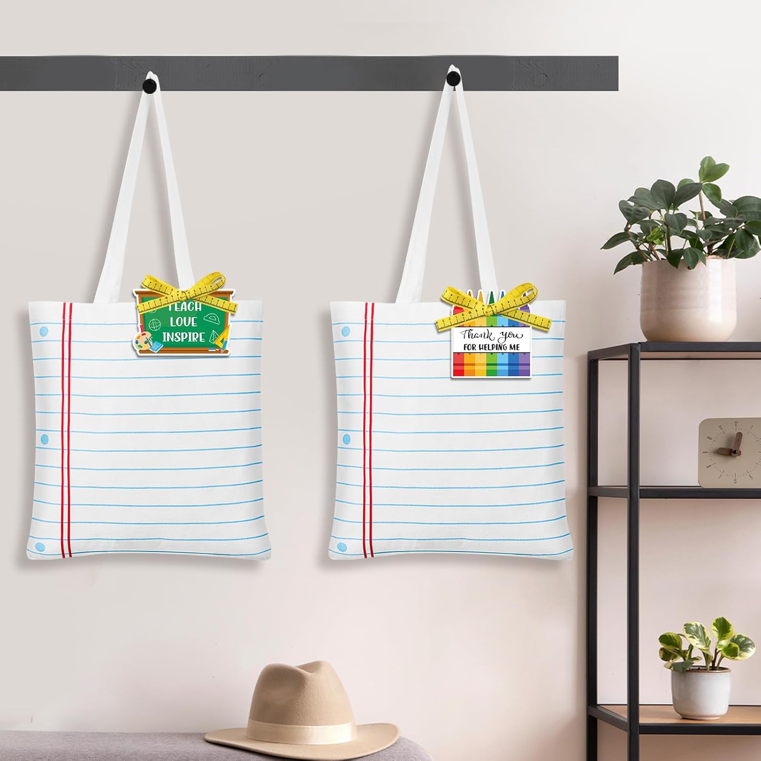 6 Sets Christmas Teacher Appreciation Gifts Canvas Tote Bags for Teacher's Gift Canvas Bags with Tags and Ribbons Notebook Line Style Reusable Grocery Bag Bulk for School Office Classroom Teachers - Image 6