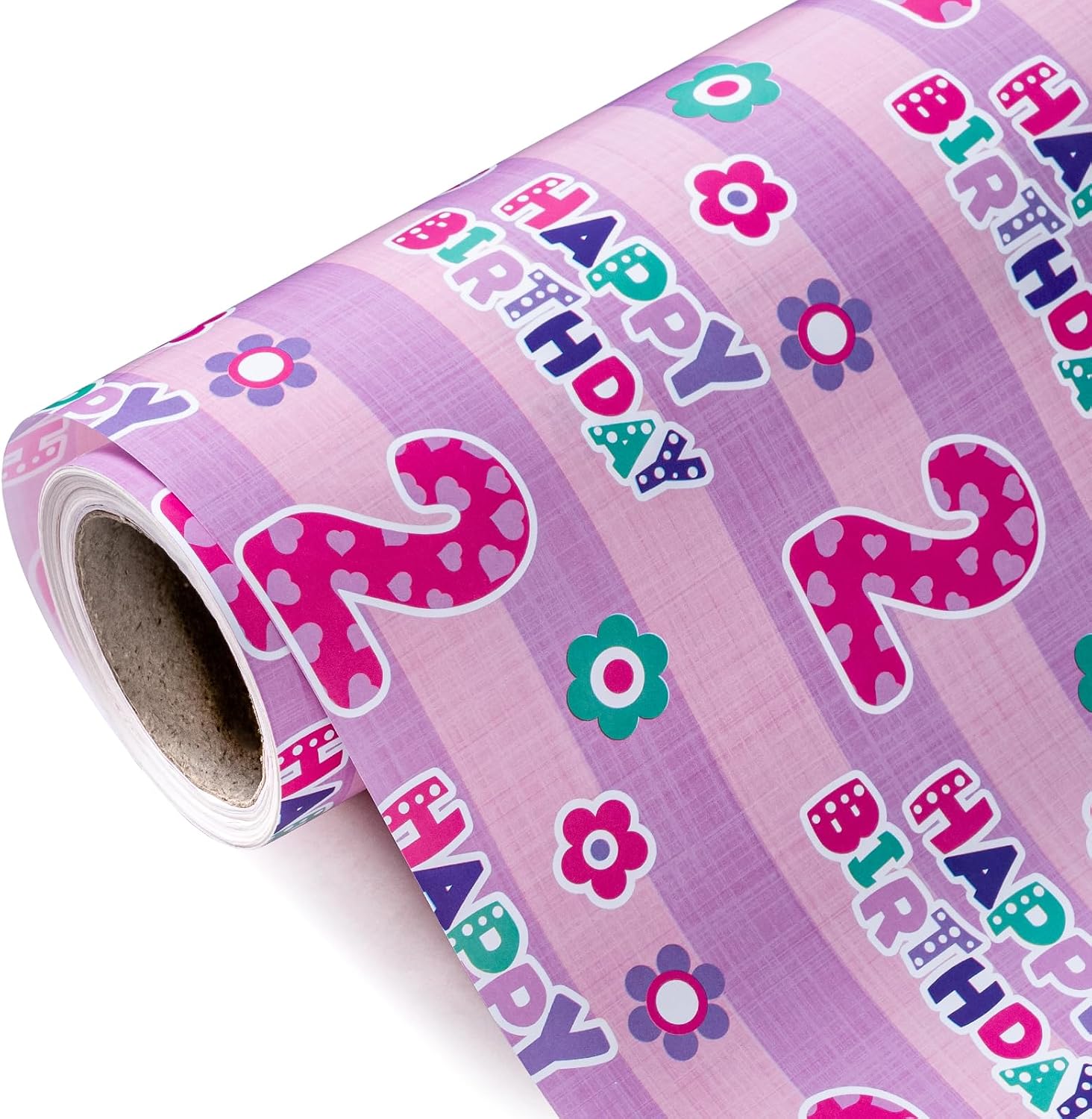 WRAPAHOLIC 2nd Birthday Wrapping Paper - Mini Roll - 17 Inch x 9.8 Feet - Pink Floral and Happy Birthday Wrapping Paper for Girls, Baby Shower, Party, Holiday