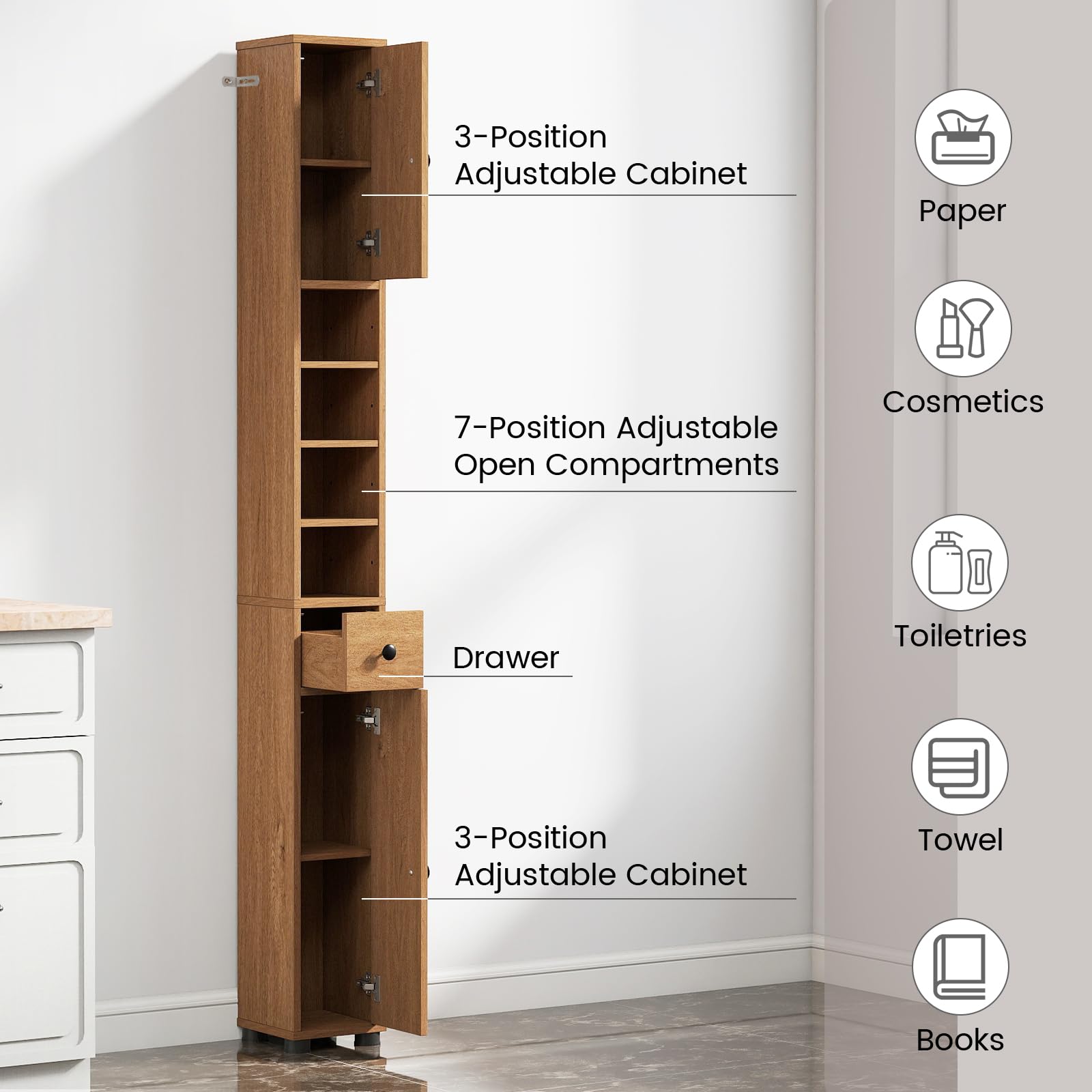 LIFEZEAL Colonna Bagno Salvaspazio in Legno, Mobiletto Multiuso con 2 Ante e 1 Cassetto e 5 ripiani Regolabili, 20x20x180cm, Armadio Angolare da Terra con Dispositivo Anti-Ribaltamento (naturale)