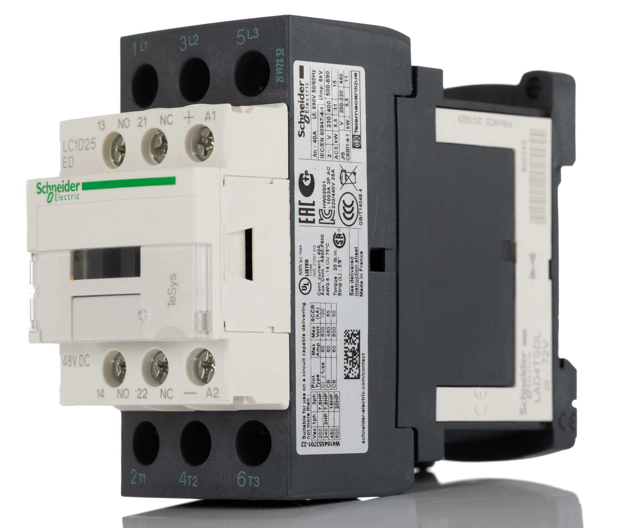 TeSys Deca Power Contactors 25A 3P 48V DC 1Z 1R LC1D25ED