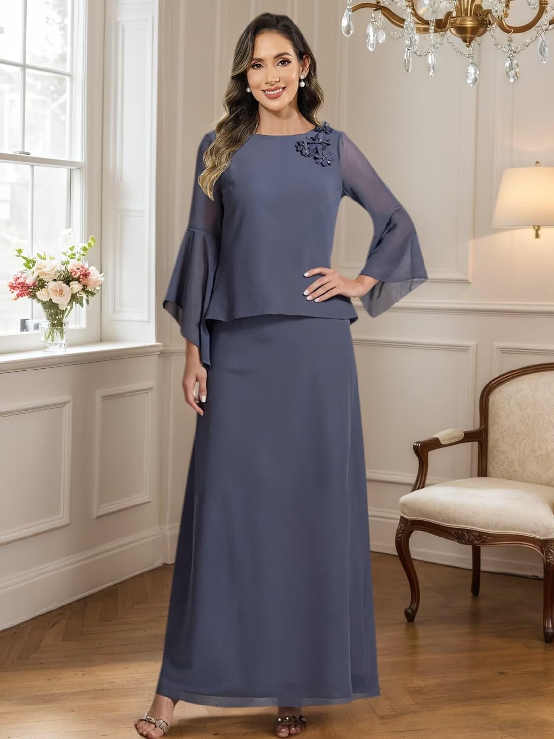 2 Piece Mother of The Bride Dresses with Long Sleeves Crew Neck Long A Line Applique Chiffon Formal Evening Gown - Image 2