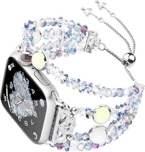 TOMAZON Bling Crystal Beaded Bracelet with Night Luminous Pearl Compatible for Apple Watch SE Band 38mm 40mm 41mm Series 9 8 7 6 5 4 3 2 1