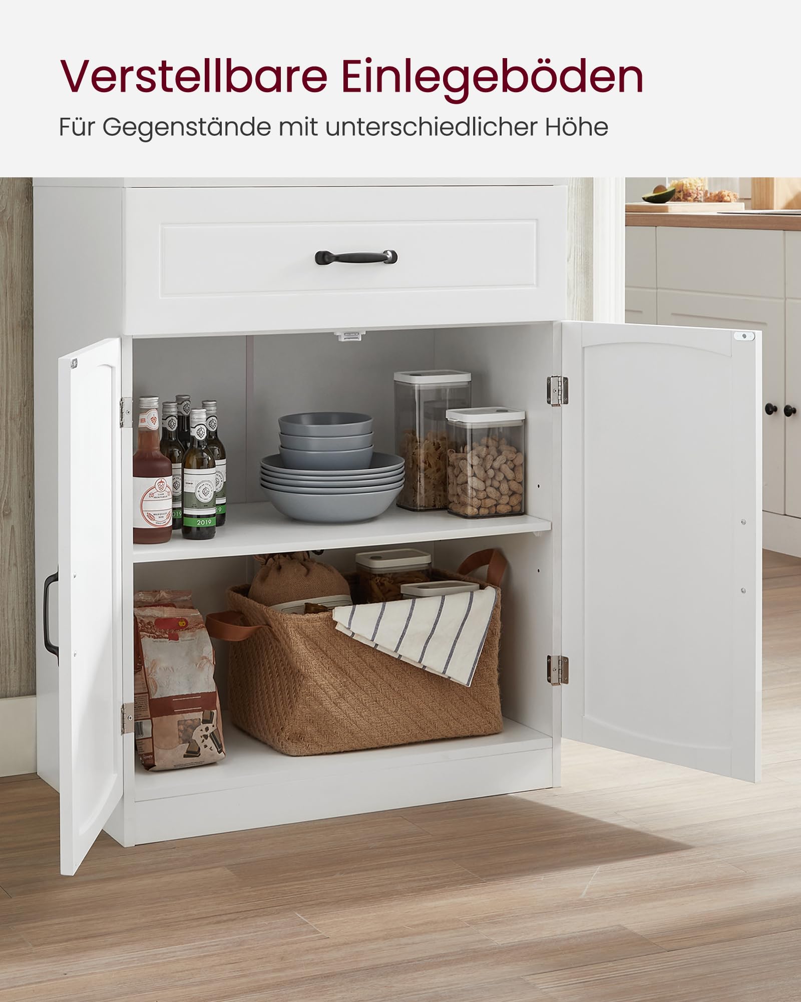VASAGLE Küchenschrank, Mehrzweckschrank, Vorratsschrank, mit verstellbaren Einlegeböden, für Mikrowellen geeignet, Schublade, Glastüren, Kabelloch, moderner Stil, weiß LSC361W21