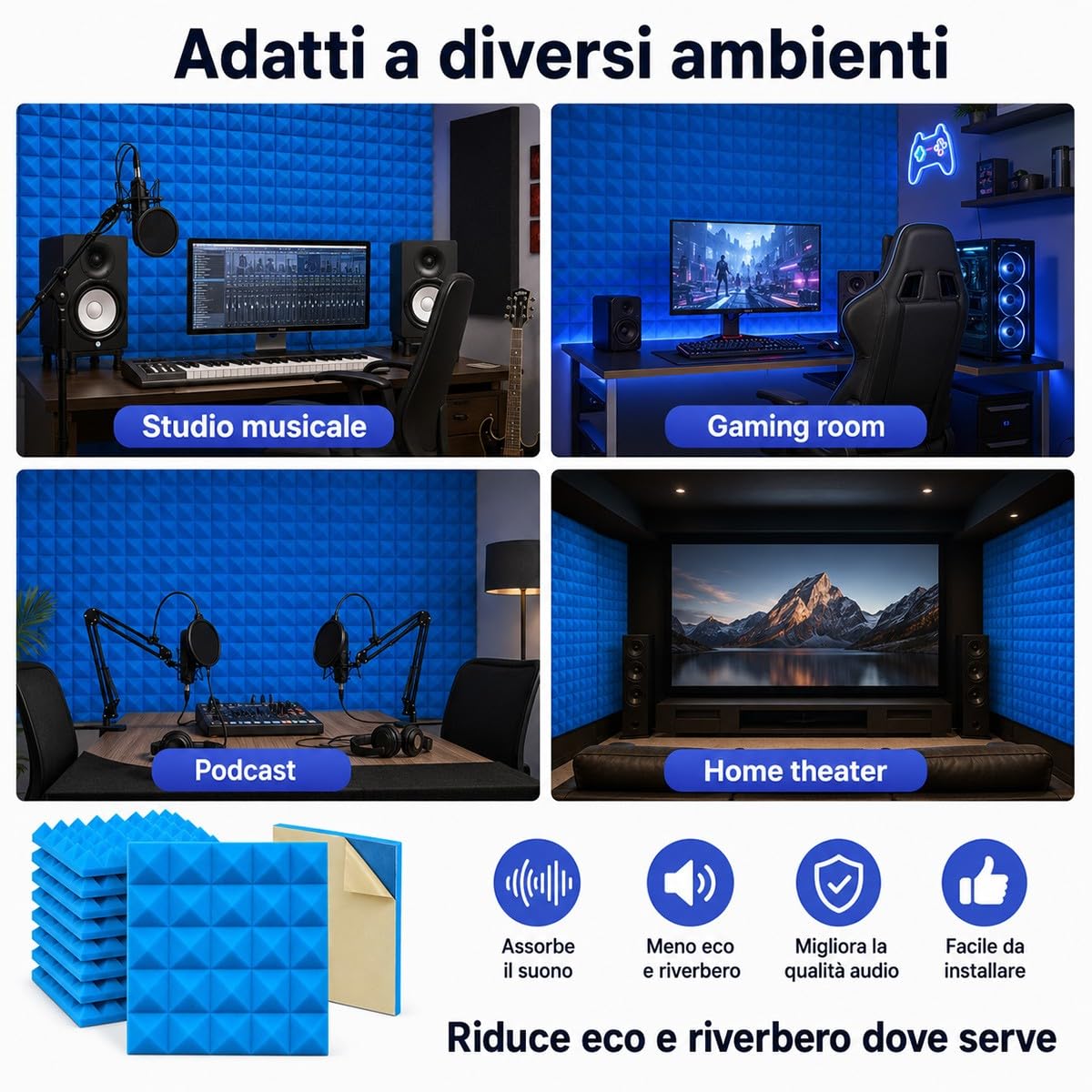 Pannelli Fonoassorbenti Blu 50X50X5Cm con Adesivo 10 Pezzi per Home Theater Studio Musica Registrazione Audio Riduzione Rumore Gaming Assorbimento Acustico Professionale