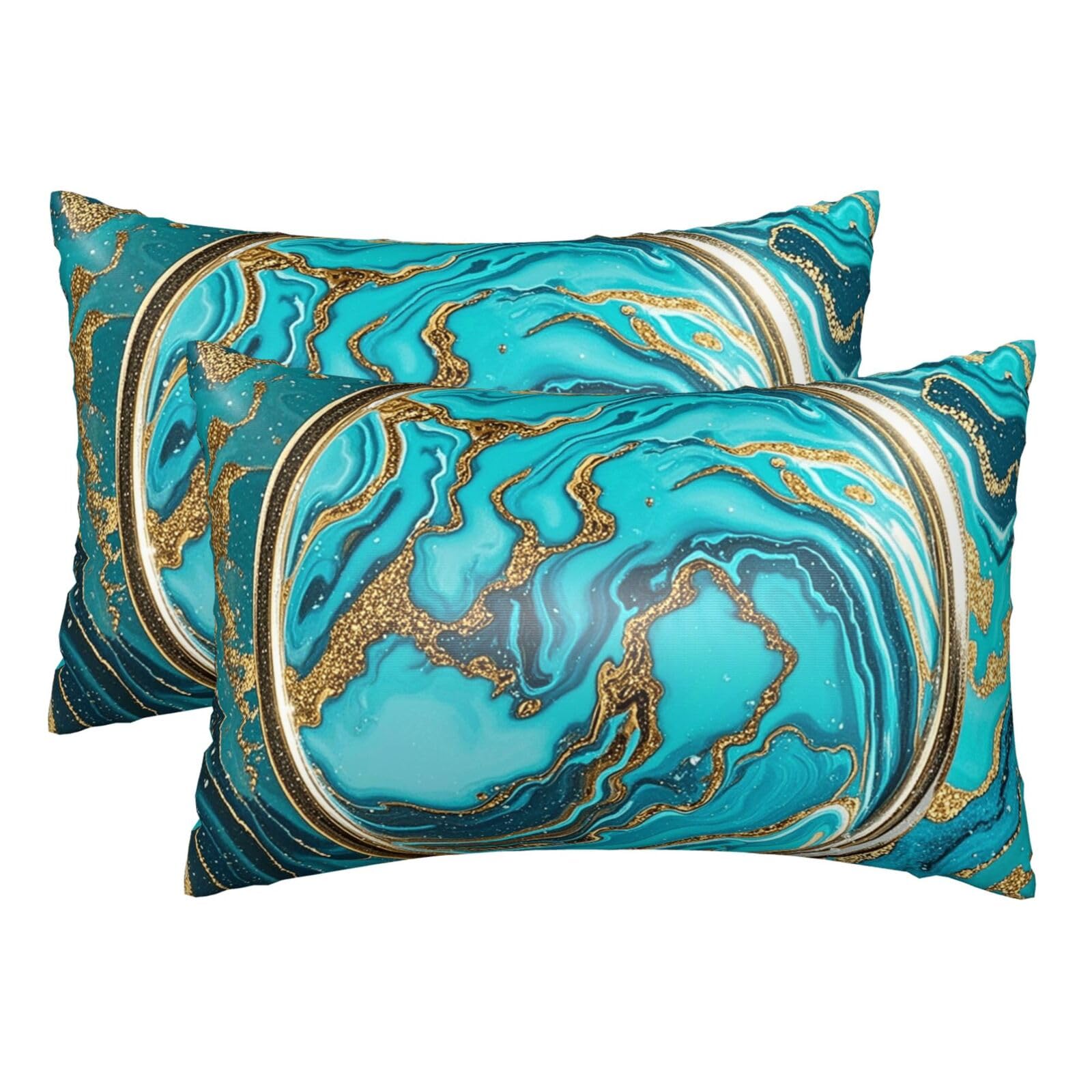 Silk Pillowcases Set of 2 Pillow Shams Breathable Soft Pillow Covers with Envelope Closure Turquoise Blue Gold Marble Pillowcases Standard Size 20x30 Inches Washed Pillow Cases for Hair and Skin