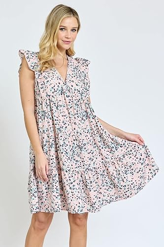 Miniatura 3 de Eloges - Minivestido babydoll con cuello en V y mangas con volantes y dobladillo con volantes, estampado tejido S-3X Plus