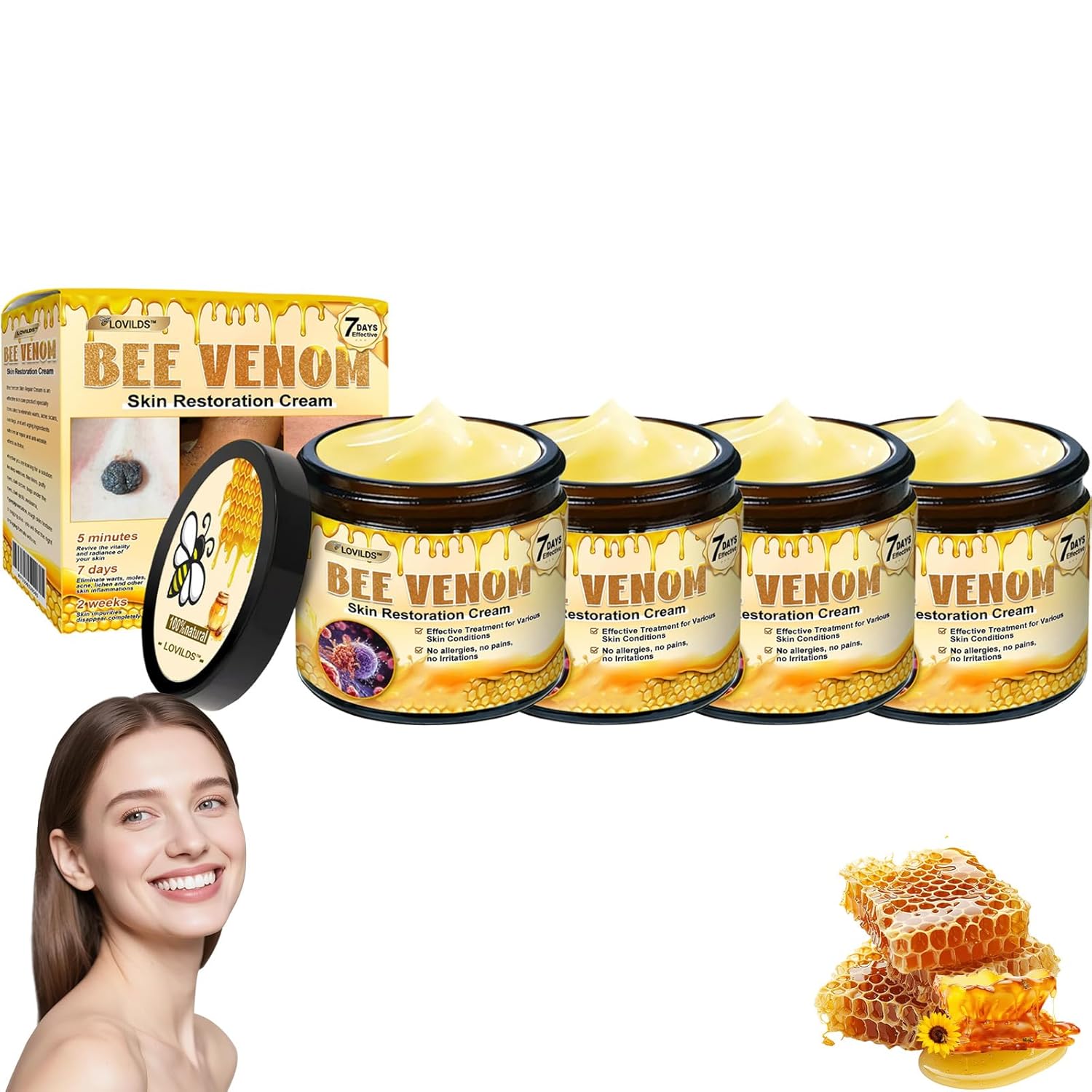 LOVILDS Bee Venom Skin Restoration Cream, Professional Bee Venom Skin Treatment Cream, Bee Venom Comprehensive Cream-50g Moisturizing & Repair Reduces Blemishes for All Skin Type (4 Bottle)