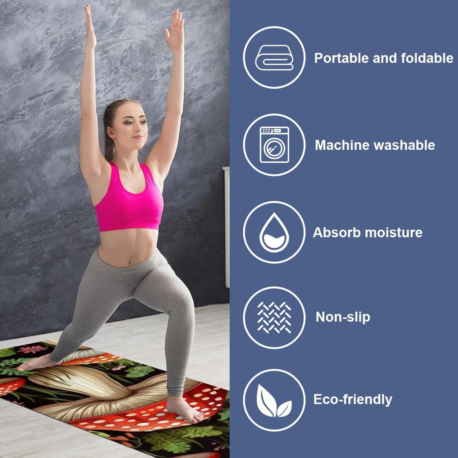 Yoga Towel, Mushroom Pattern Non Slip Sweat Absorbent Hot Yoga Mat Towel for Hot Yoga, Pilates and Fitness - 72.8" x 26.8"