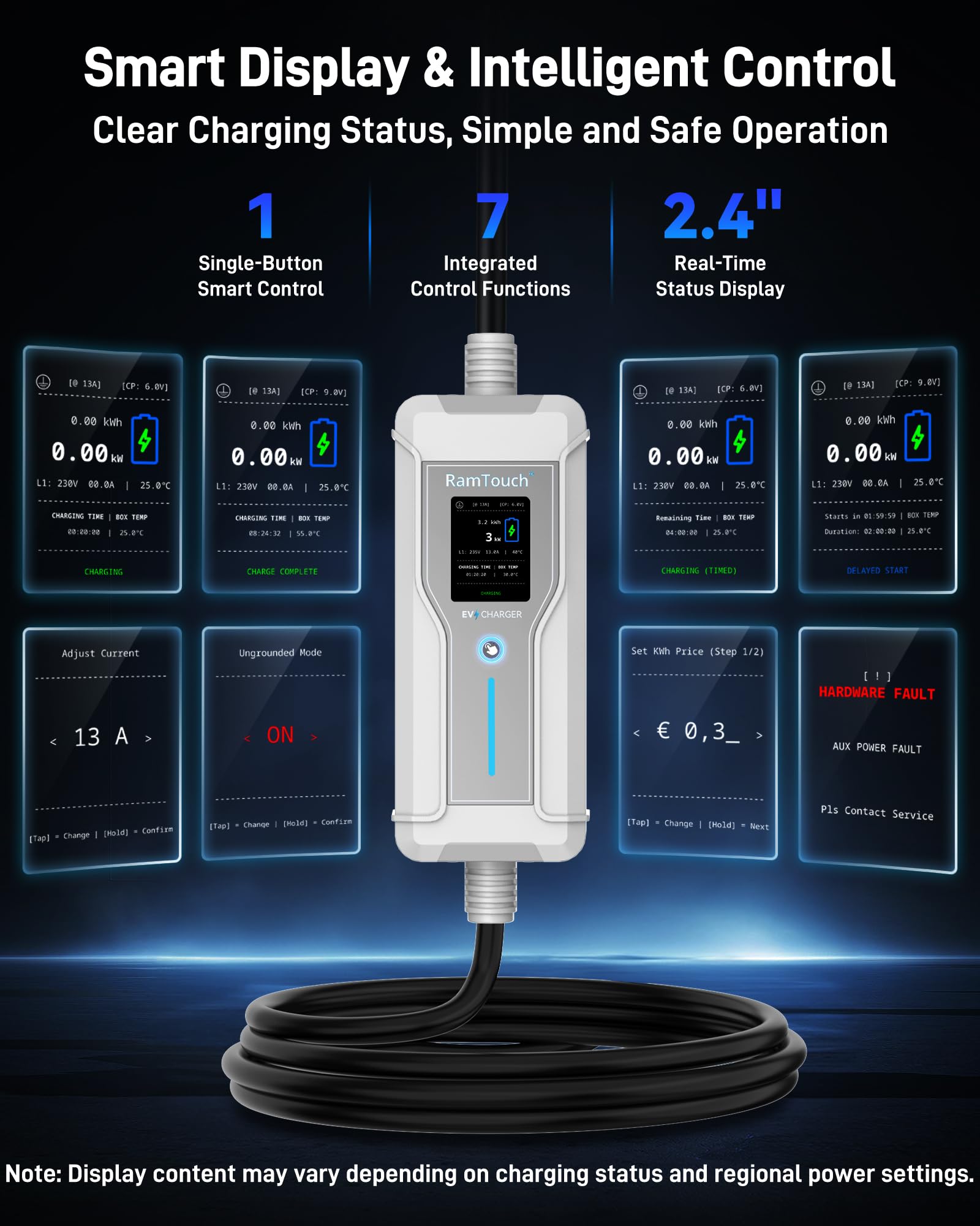 RamTouch Portable EV Charger (3 kW, 13 A, 15 m, IP67) | UK 3-Pin Plug to Type 2 | Mode 2 Granny Charging Cable with Adjustable 6A–13A, Smart Timer & LCD Display, AC/DC RCD Protection for EVs & PHEVs - 4