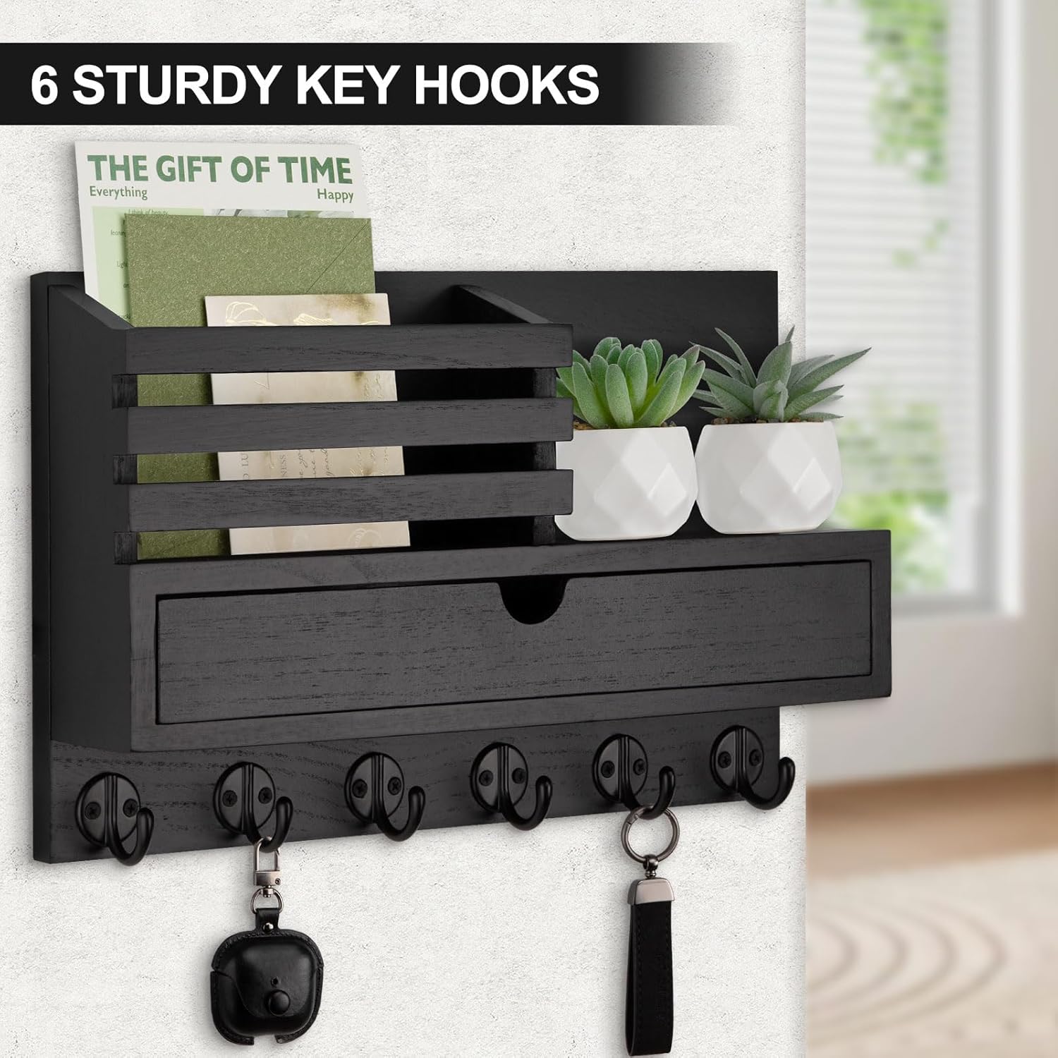 Key Holder Wall Mount, Mail Holder with Storage Drawer and 6 Key Hooks for Coat, Dog Leash, Home Decor Rack, House Accessories, Entry Way Organizer