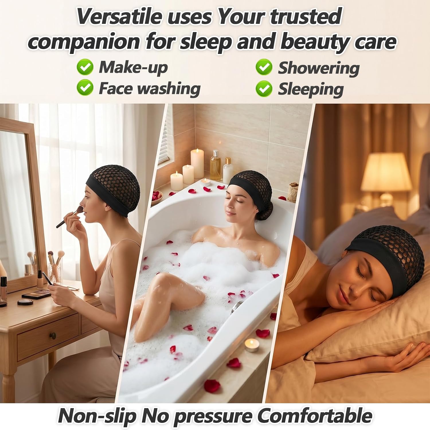 2 Pcs Hair Nets for Sleeping, Mesh Crochet Hair Net with Wide Elastic Headband Lightweight Breathable Snood Cap Sleep Hat for Silk Press (Black)
