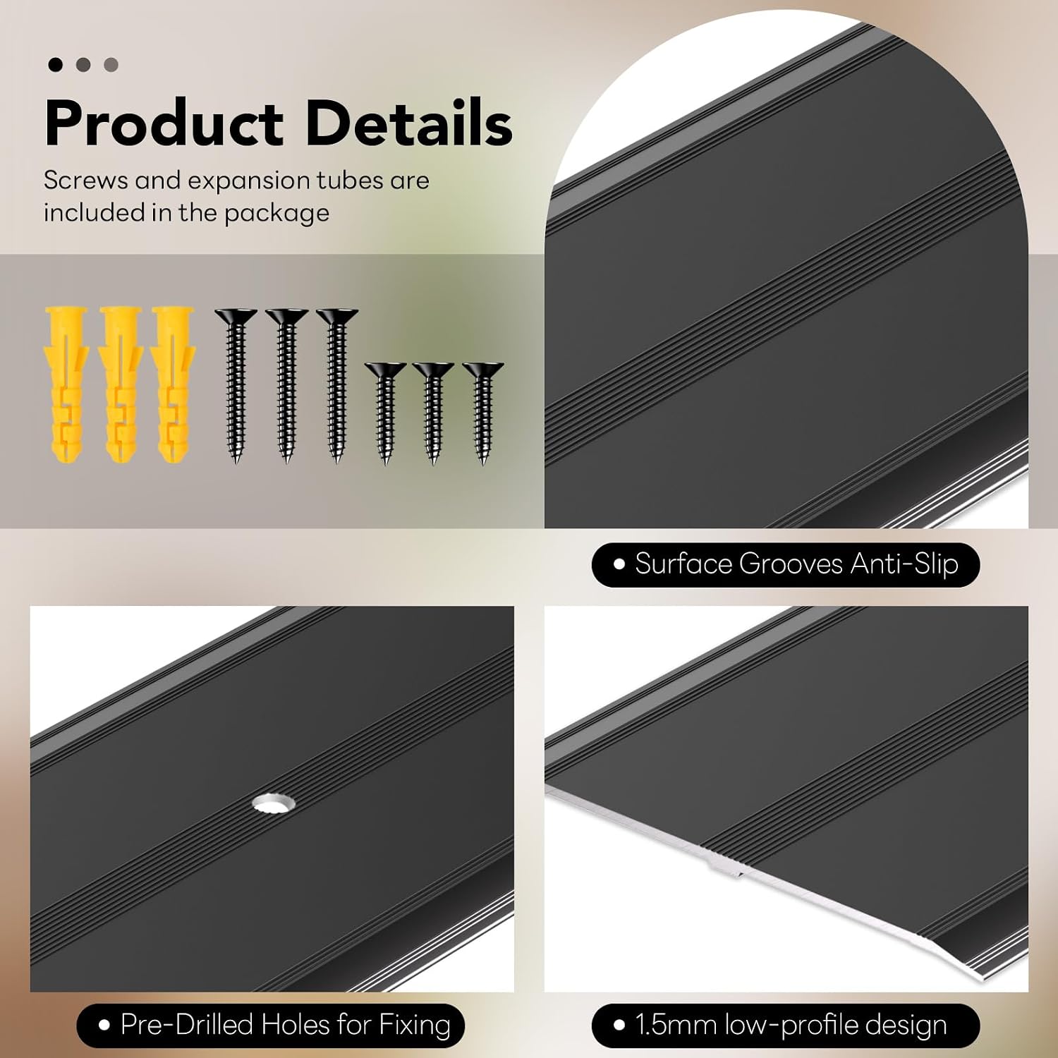 4"W 0.1"H 36"L Flat Profile Aluminum Door Threshold, Metal Threshold Transition Strip for Carpet Wood Tile Concrete Vinyl Flooring Gaps Doorway Decoration Protector(Black,1pcs)