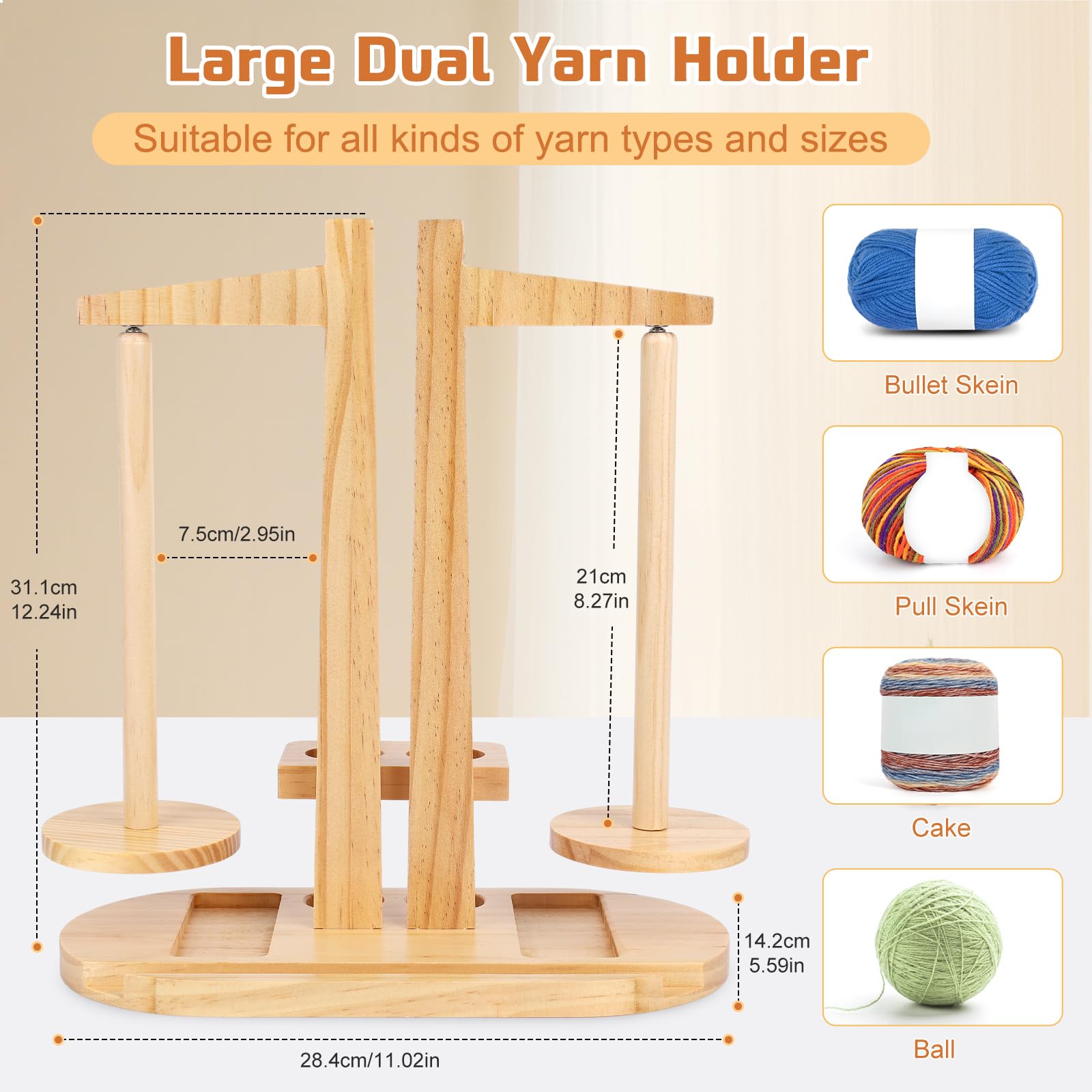 Coopay Porte-fil à crochet, double dérouleur de laine pour tricot, grand support magnétique rotatif avec support pour téléphone portable, porte-pelotes de laine multifonction en bois pour les amateurs