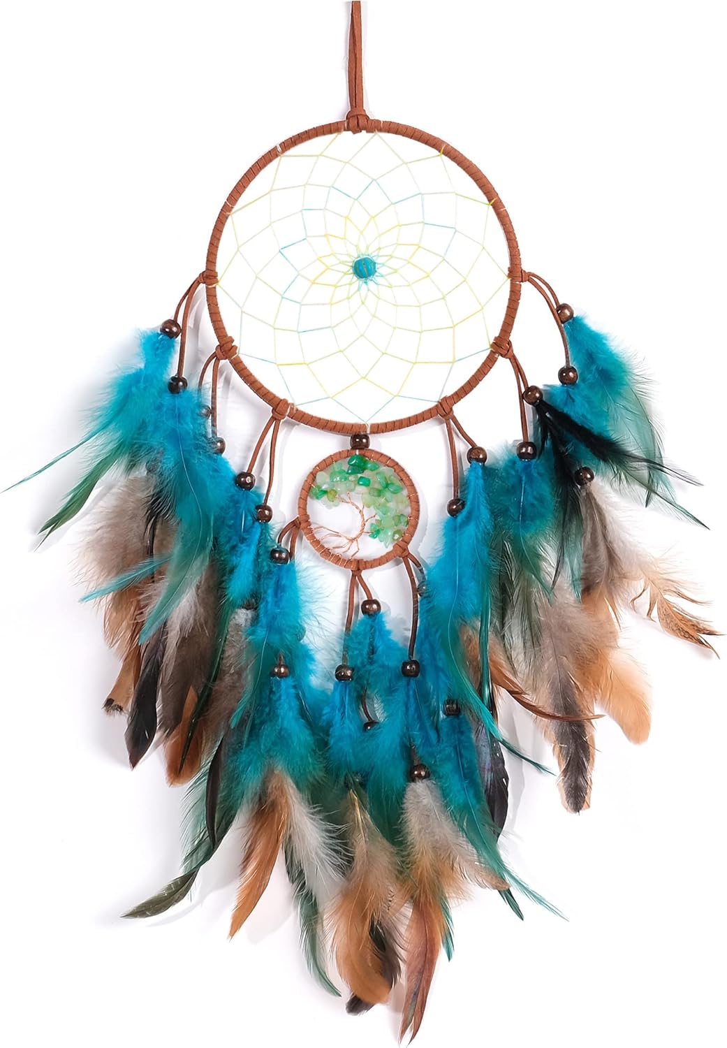 VIBILIA Dream Catchers Tree of Life Blue Feathers, Handmade Native American Dreamcatcher with Crystals for Kids Bedroom Wall Hanging Home Decor Holiday Ornaments Birthday Party Blessing Gift