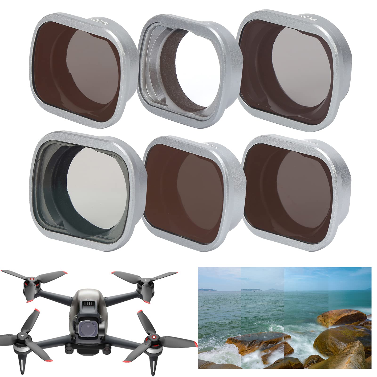 Junestar Juego de Filtros de Lente de Cámara ND/CPL de Vidrio óptico 6 en 1 para FPV Combo, Filtros Impermeables para Fotografía de Paisajes, Aprox. 55 G