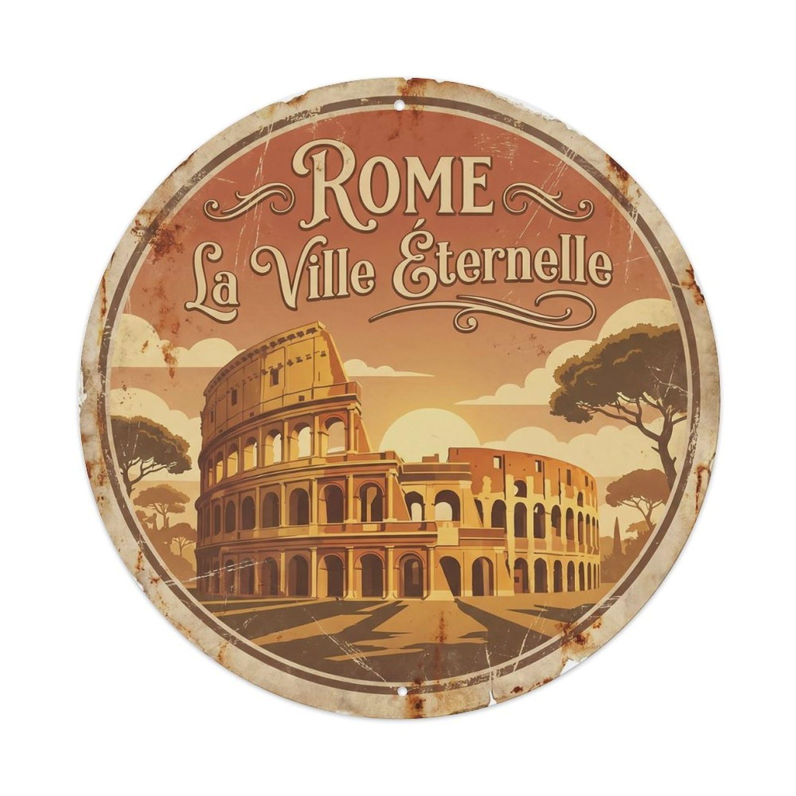 Vintage Travel Colosseum Ancient Rome Metal Tin Sign Plaque Wall Decor for Cafe, Club, Garden Round Metal Poster 8x8Inch