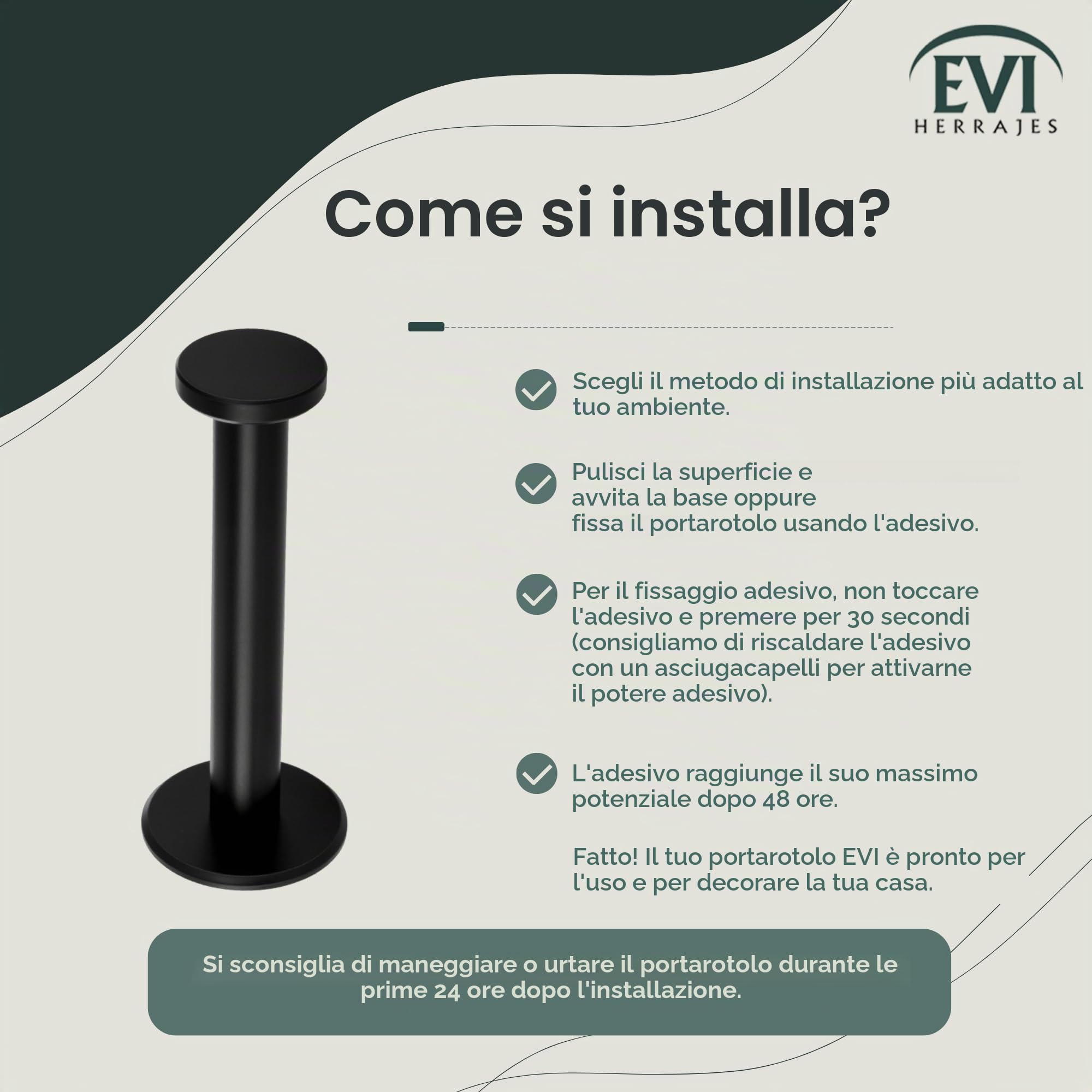 EVI Herrajes | Portarotolo di carta igienica nera | Autoadesivo o avvitabile | Acciaio Inox | Mod. 050PR1DUALNG