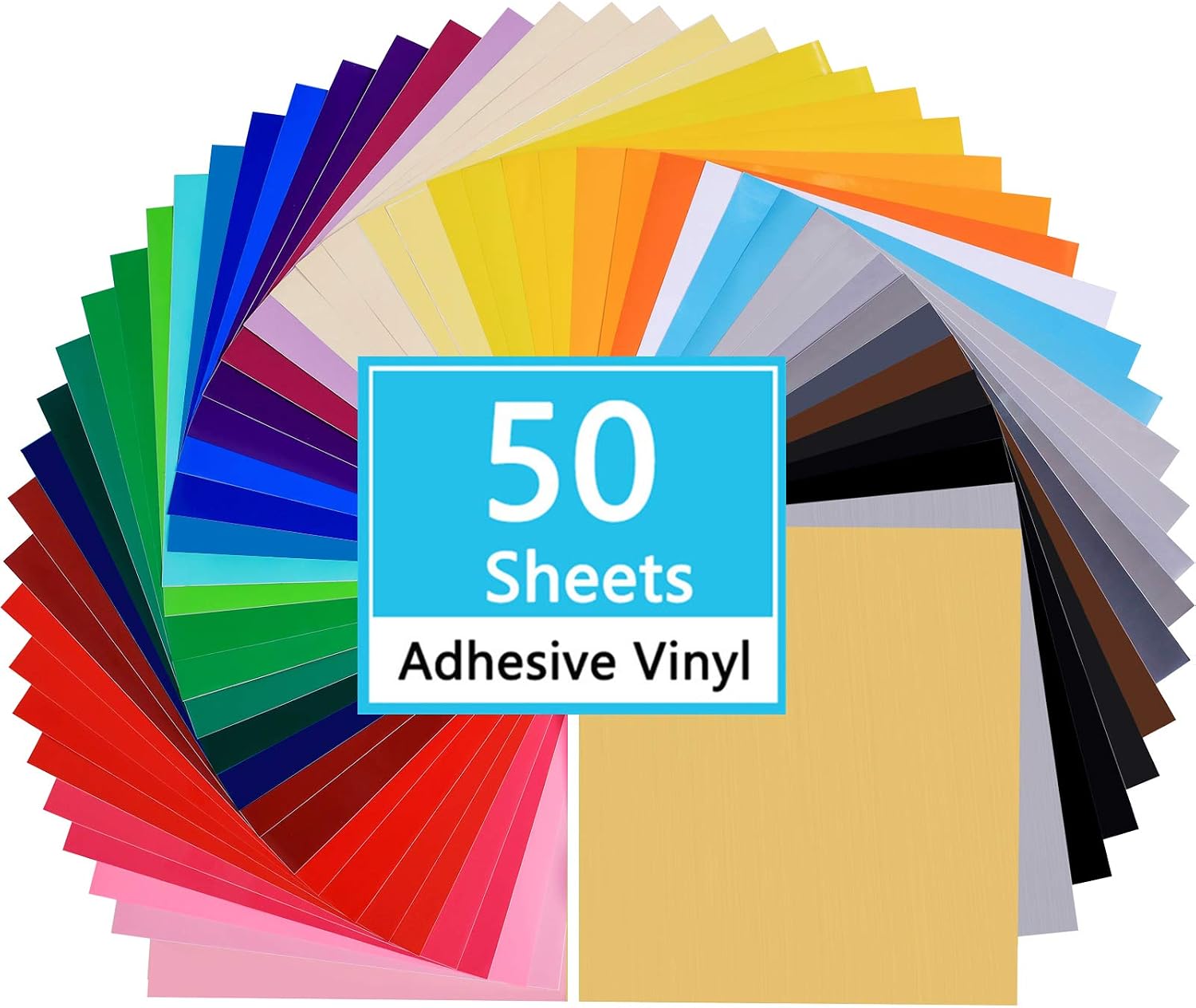 CASPALIF,50 Pack Permanent Adhesive Backed Vinyl Sheets,12”x 12”,40 Assorted Colors(Glossy,Matte,Brushed),Works with Cricut and Other Cutters,for Sticker,Craft Cutter, Car Decal, Vinyl Paper