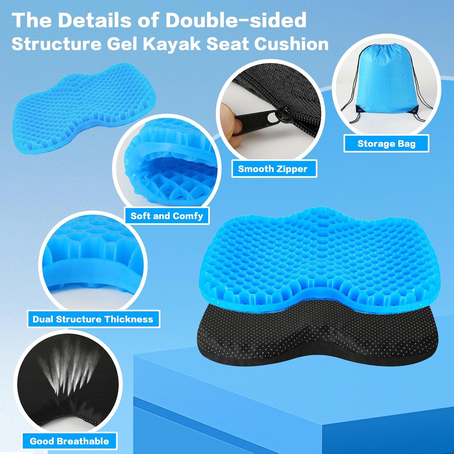 Anti-Slip Kayak Seat Cushion, Thickened Waterproof Boat Kayak Canoe Rowing Dinghy Gel Seat Pad for Sit-in Inflatable Fishing Kayak Canoe Chair Accessories Equipment
