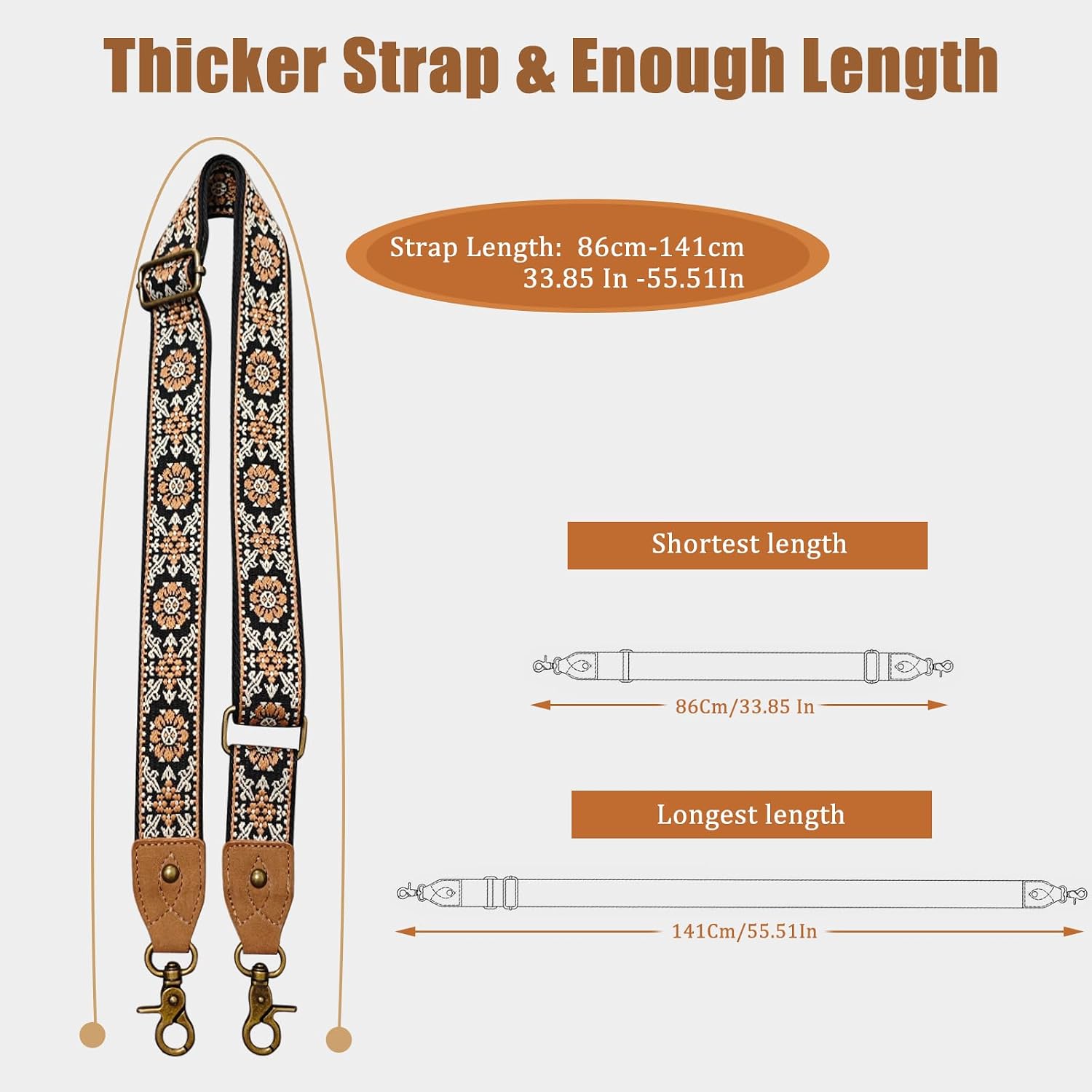 Purse Strap, 1.5" Cowhide Head Wide Shoulder Bag Strap Adjustable Replacement,Jacquard Embroidery Crossbody Bag Straps