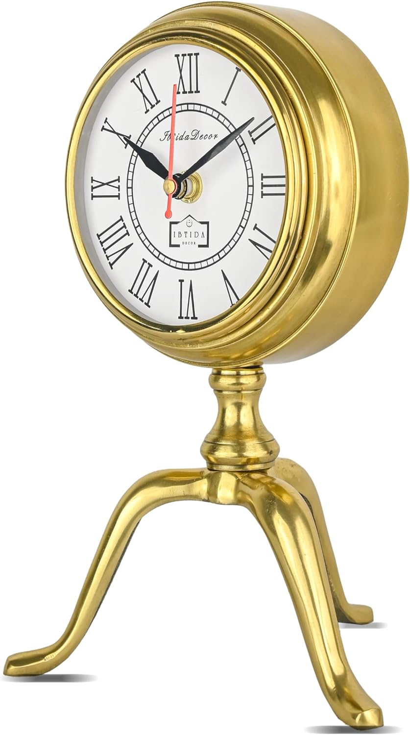Golden Tripod Table Clock – Vintage Roman Numerals Desk Clock | Silent Quartz Movement | Luxury Decorative Metal Table Clock for Home & Office (Large)