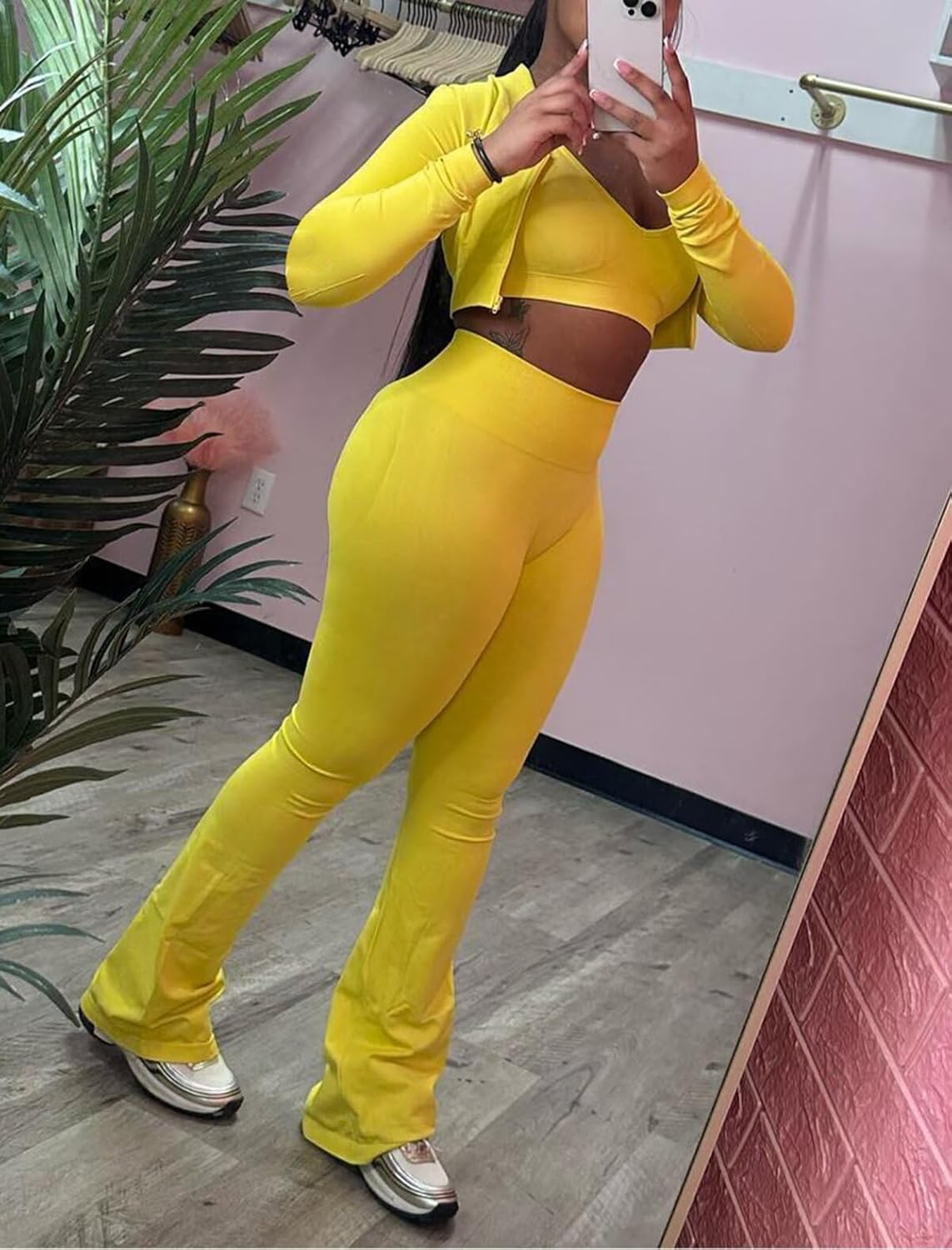 Mintsnow Women 3 Piece Sweatsuit Outfits Sets Long Sleeve Zipper Jacket Crop Tops and Long Flare Pants Set Workout Tracksuit - Image 4