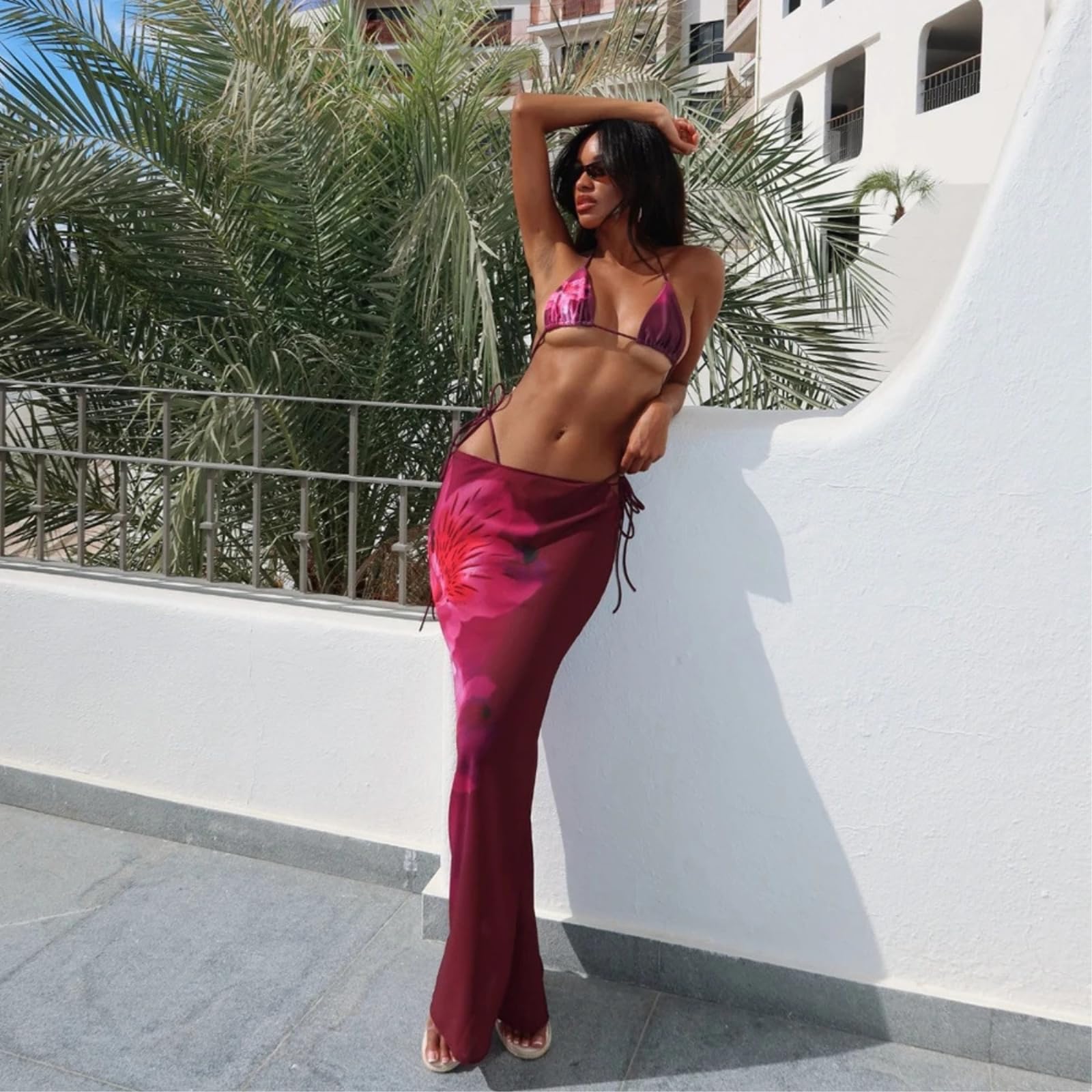 Bikini Donna Stampato 3 Pezzi Set Alta Vita Costume da Bagno Slim Fit Tre con Copertura-bl-l