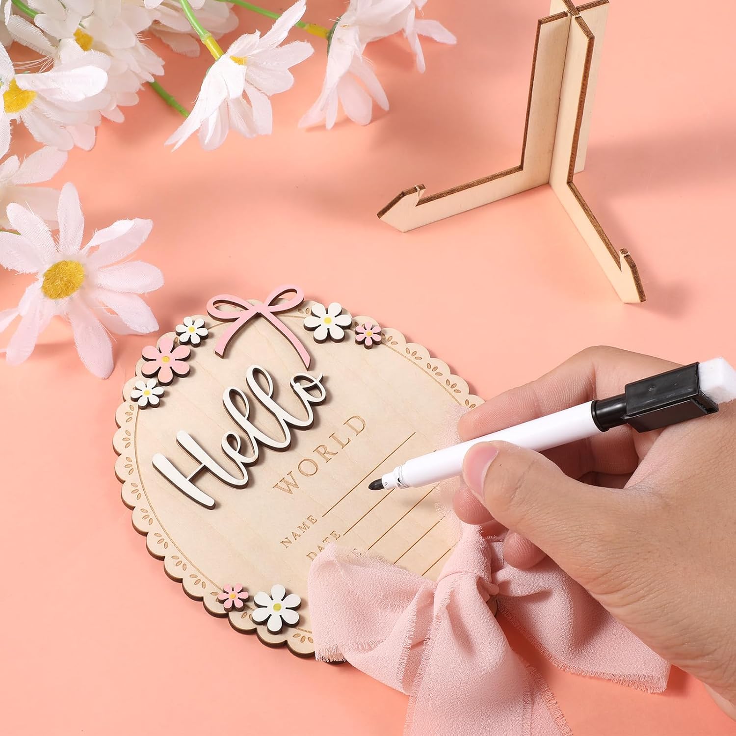 Baby Announcement Sign, Wooden Newborn Announcement Sign, Hello World Newborn Signs Flower Name Signs Board for Baby Shower Gender Reveal Party Hospital Decorations