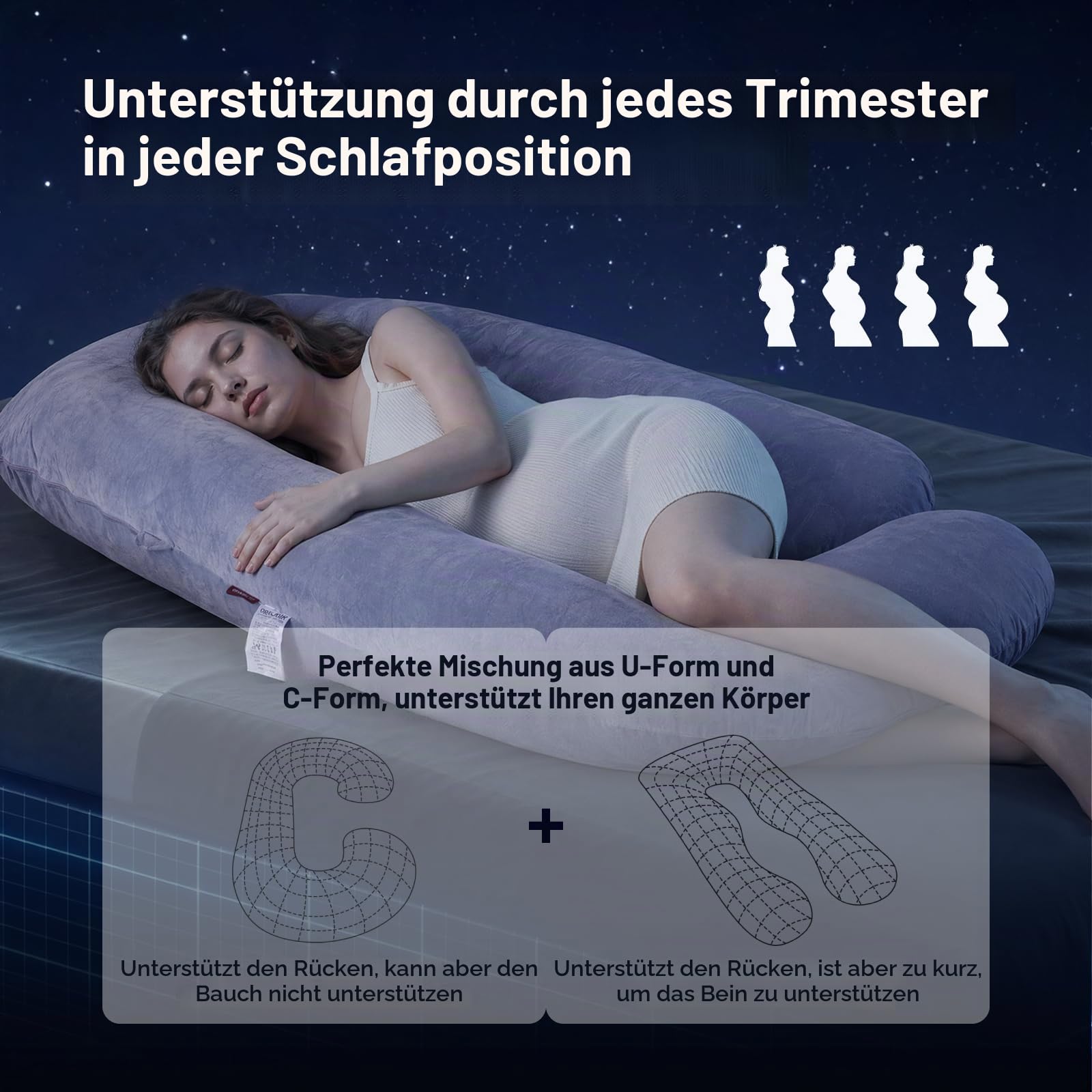 Momcozy Schwangerschaftskissen, U Förmiges Seitenschläferkissen, Abnehmbarem und Waschbarem Bezug (Hellgrau)