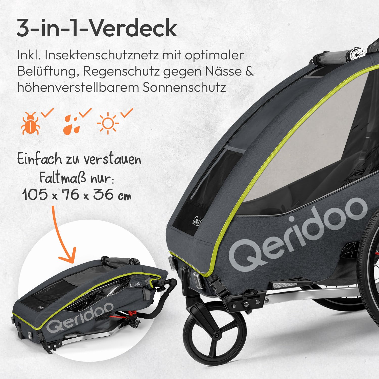 Qeridoo QUPA 2 | Fahrradanhänger 2 Kinder | Kinder Fahrradanhänger mit Blattfederung & Handparkbremse | Jogger Kinderwagen | Kinderfahrradanhänger klappbar | Fahrrad Anhänger